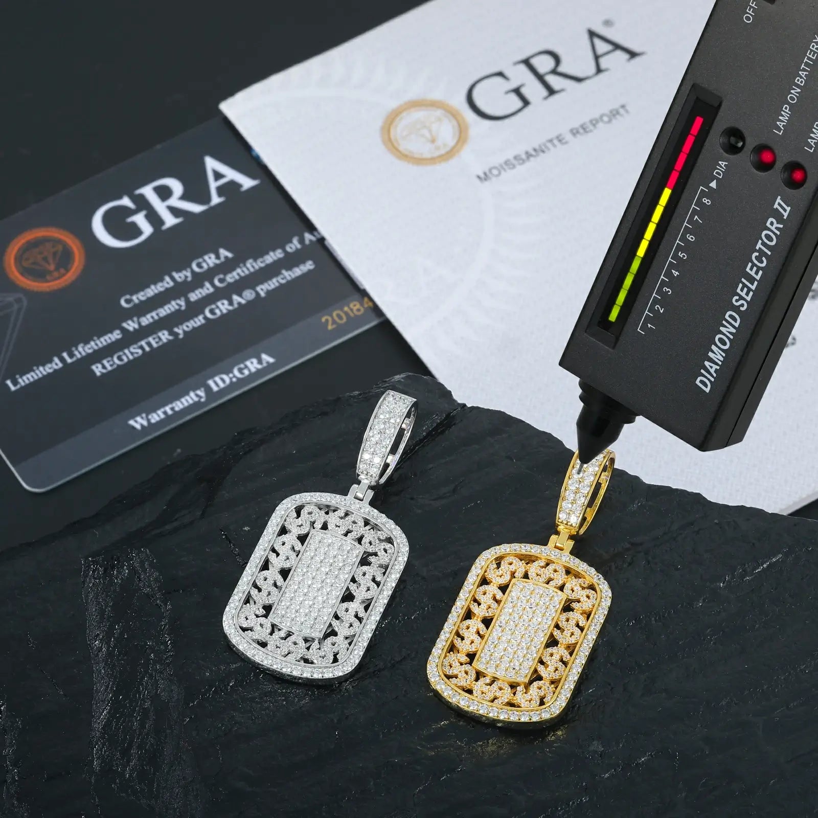 Yellow & white gold 925 sterling silver moissanite US dollar dog tag pendants with diamond tester + GRA certificate on black table — certified moissanite jewelry