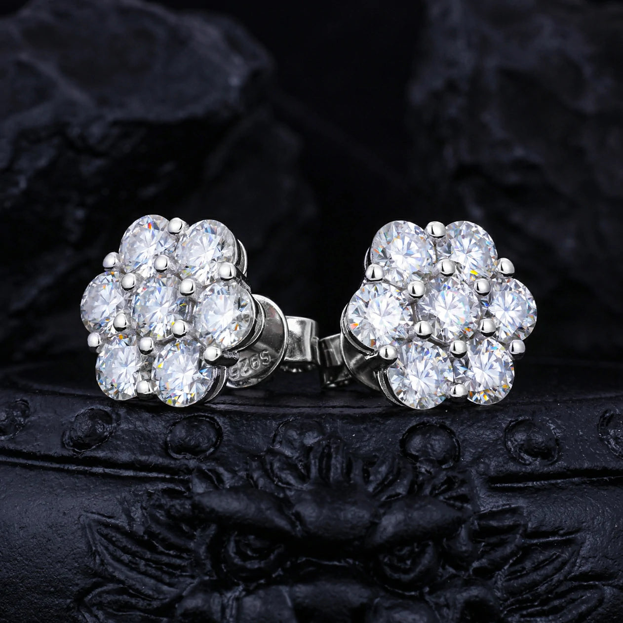 S925 D Color VVS1 Moissanite 7-Stone Flower Stud Earrings
