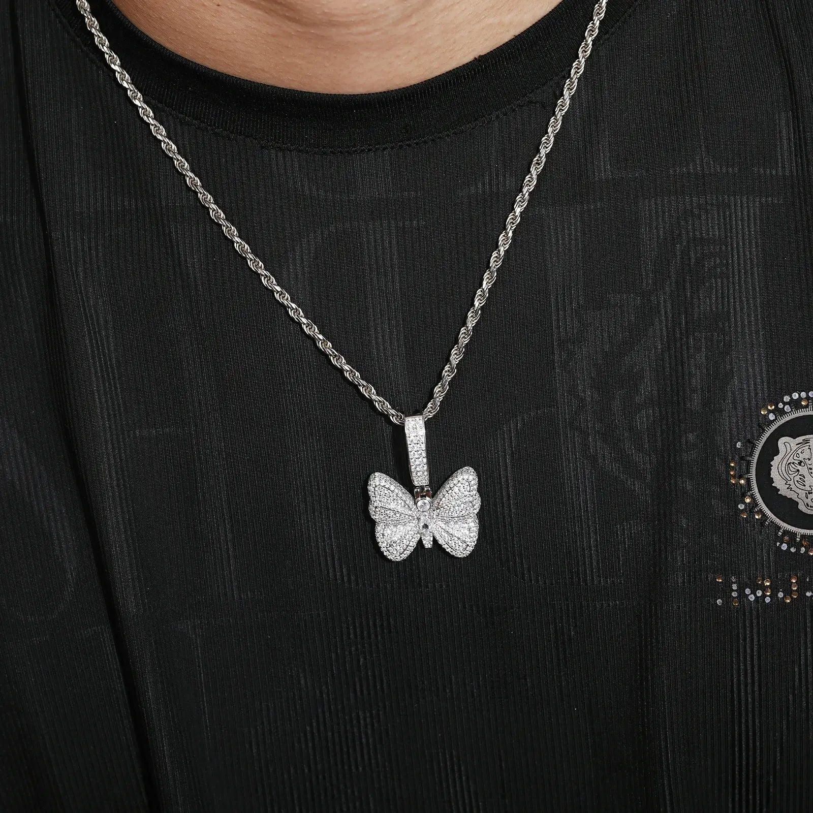 Black male styling white gold butterfly pendant - S925 rope chain with moissanite wings | Tarnish-proof men's jewelry