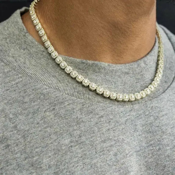 Black male modeling yellow gold 6mm tennis chain - S925 square halo links with moissanite fire | Men's luxury jewelry