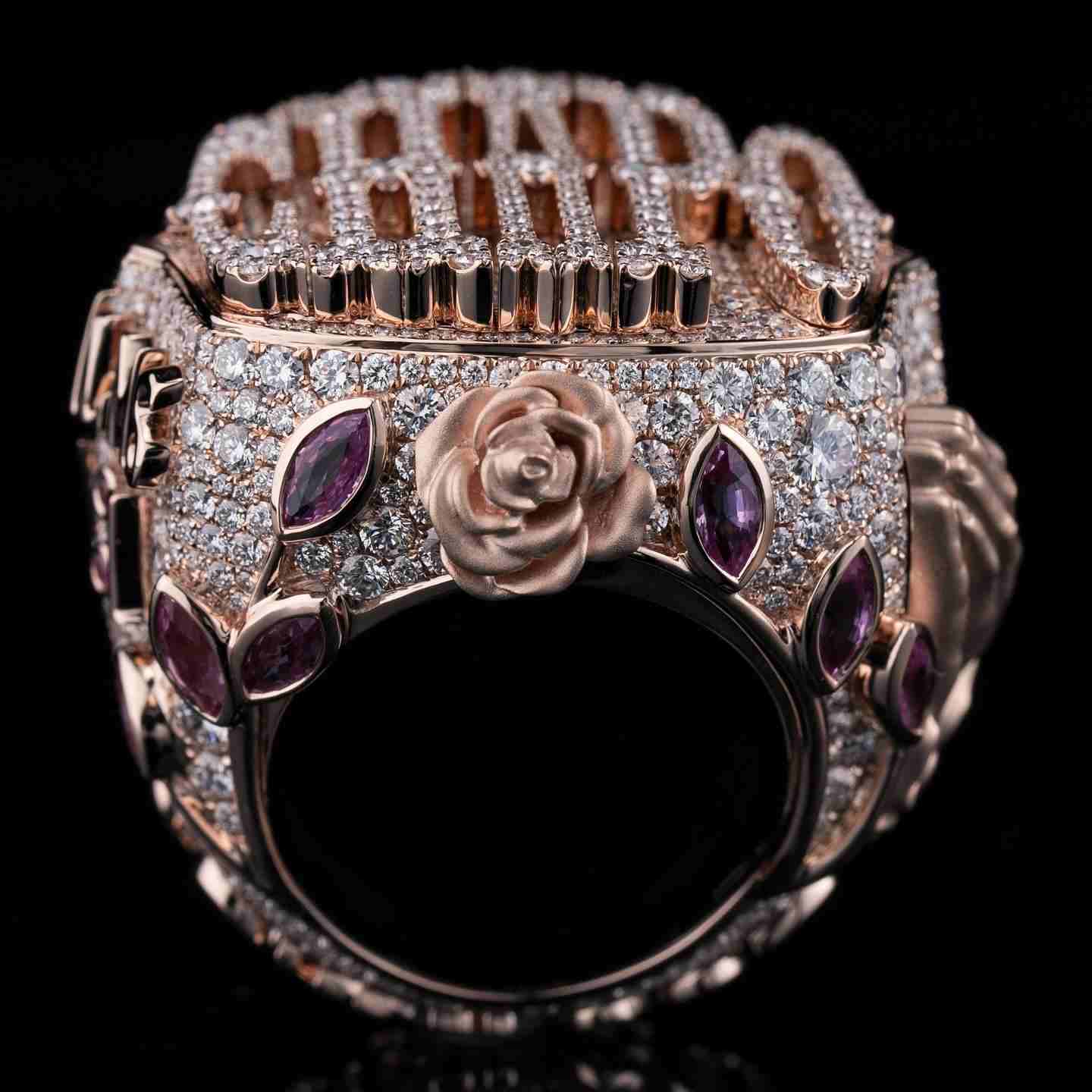 Detailed rose floral carving on the ring’s front, blending Gothic elegance with hip-hop luxury. Lab-certified moissanite stones and rhodium-plated edges