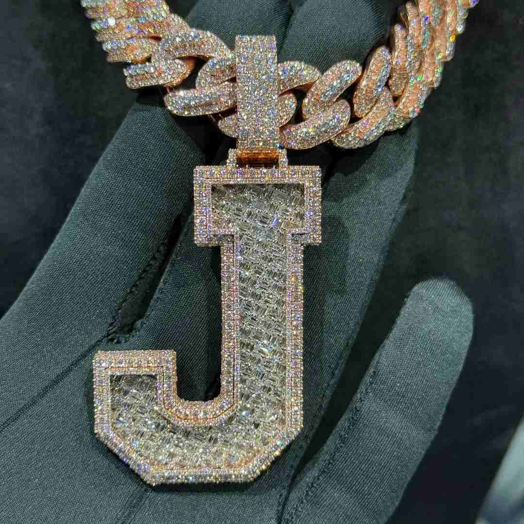 baguette moissanite letter j pendant