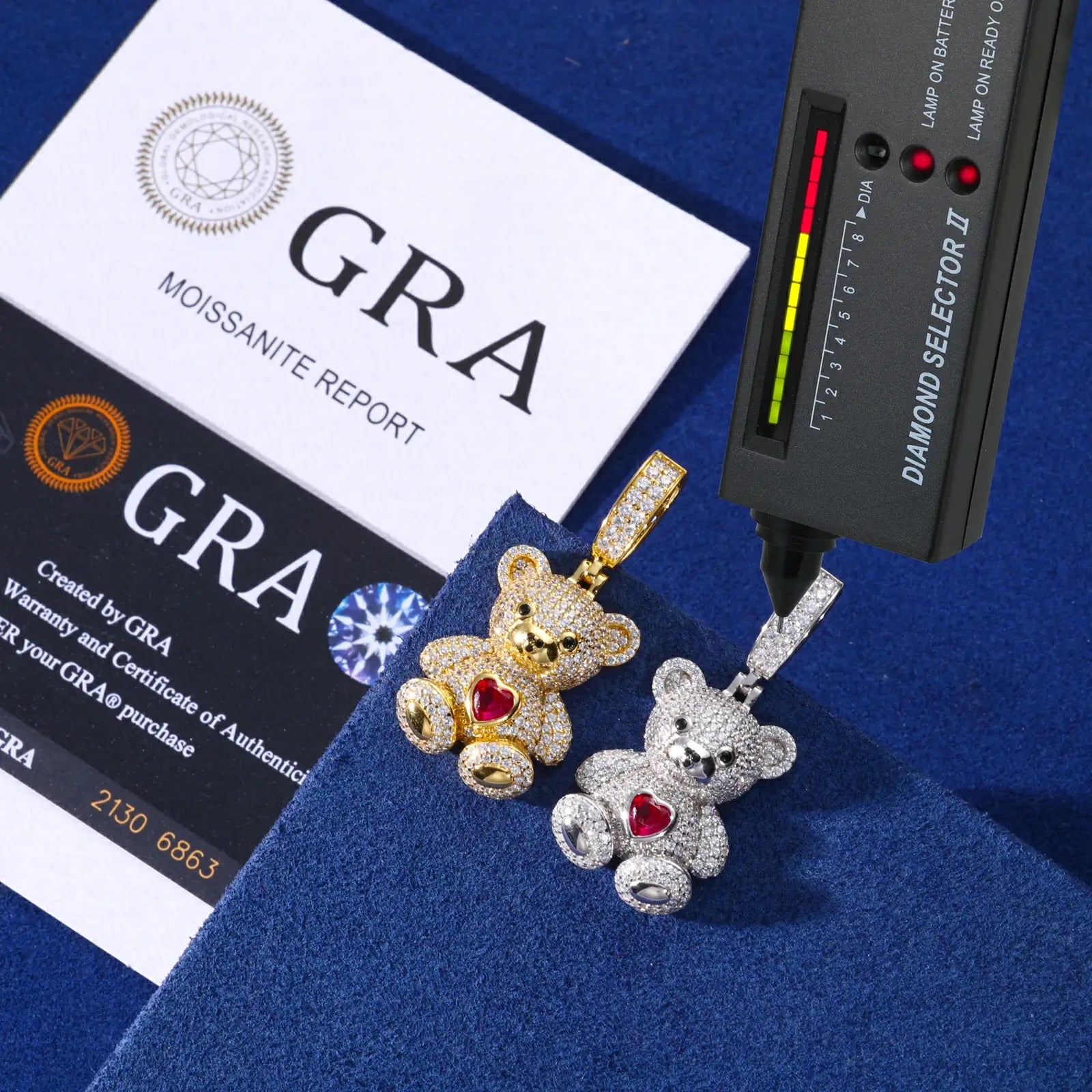 Diamond tester authenticating moissanite stones with GRA certificate - quality verification for sweetheart bear pendant