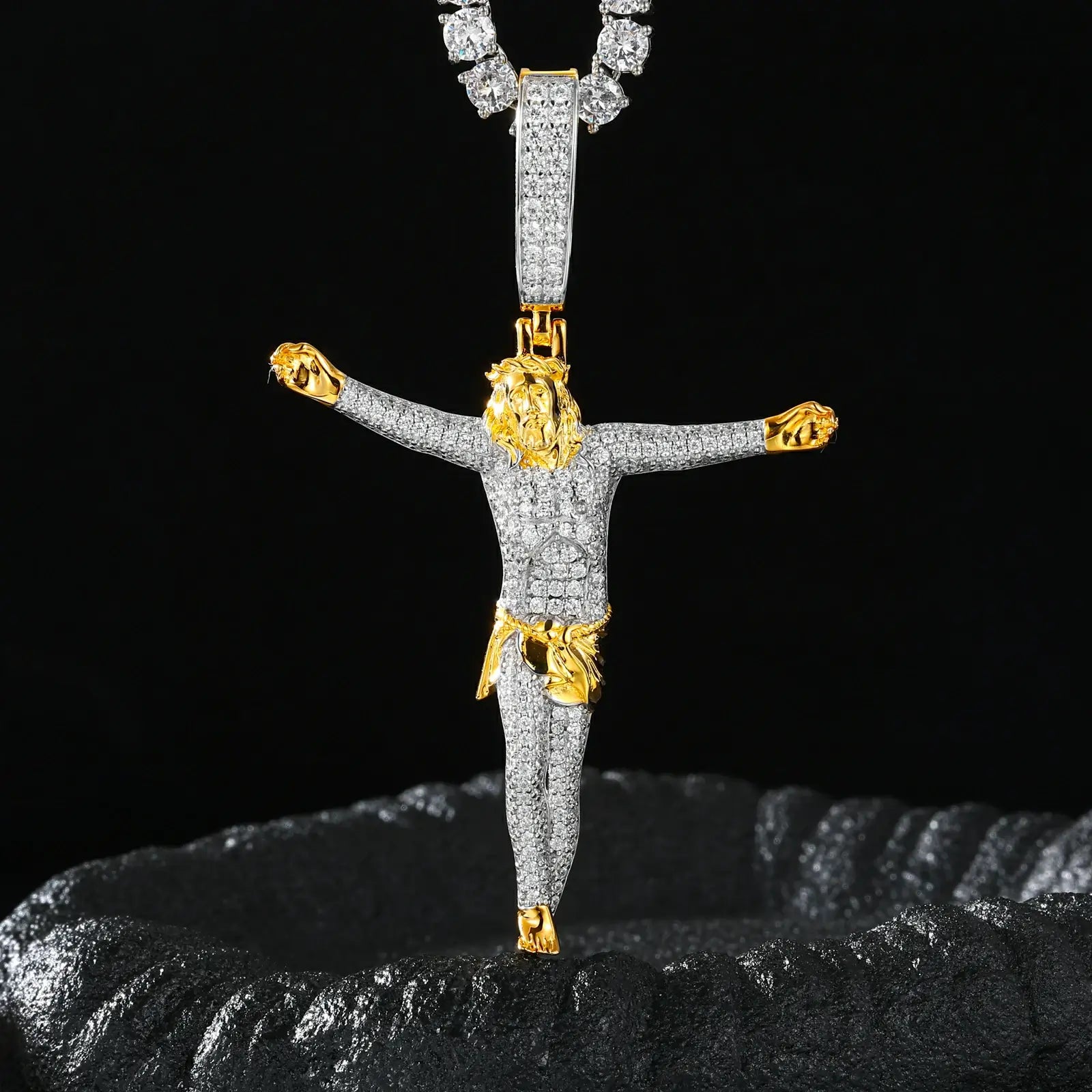 S925 white gold crucifix pendant with moissanite stones on black background - RI 2.65 fire brilliance surpassing diamonds | Luxurious religious jewelry