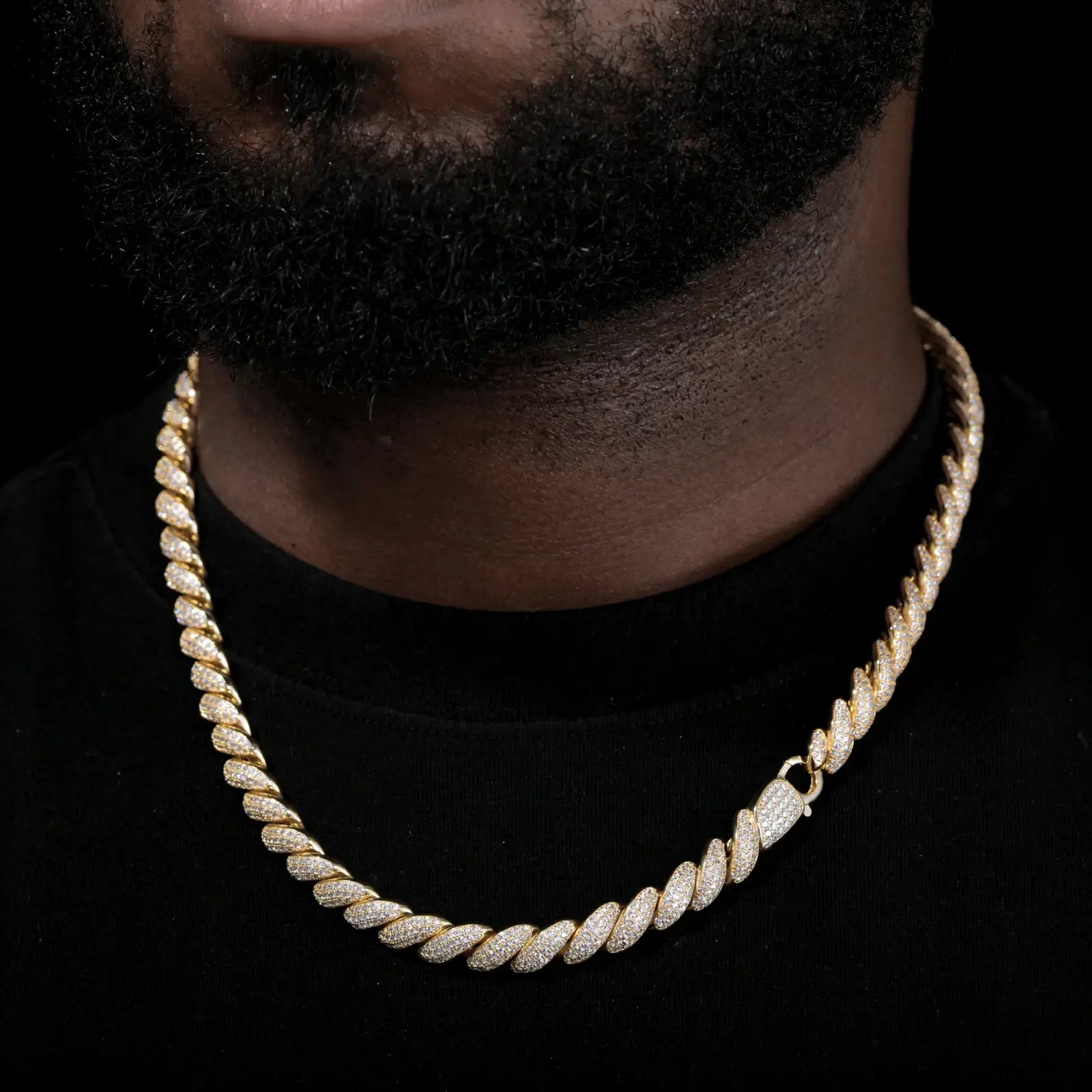 African American model showcasing 8mm gold rope chain - VVS moissanite diamonds blazing under natural light | Boardroom-to-street versatility