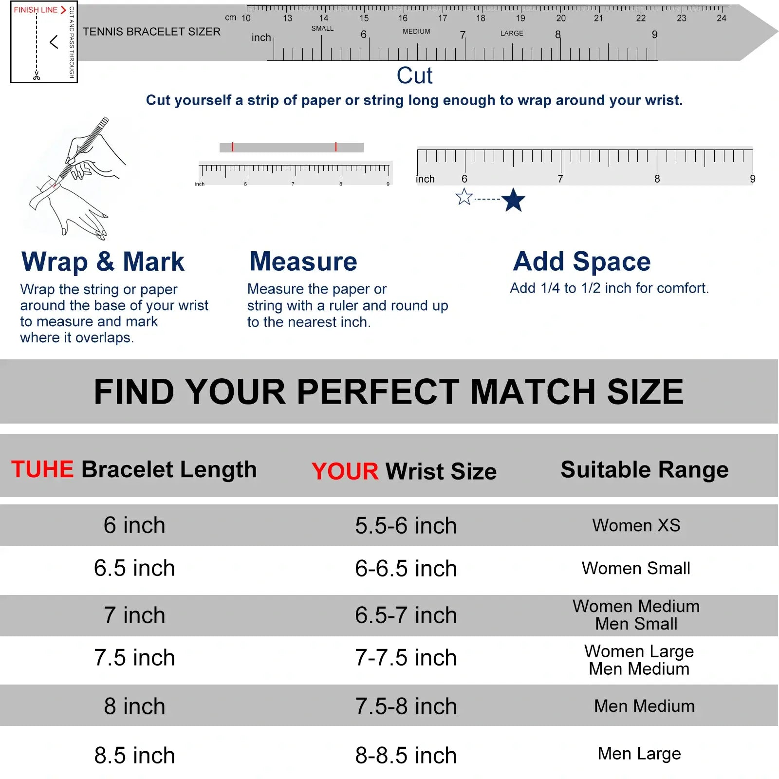 Sizing tutorial: Measuring wrist for spring-buckle bracelet + chart (5.5"-8.5") - no size guesswork guarantee with tape measure demo