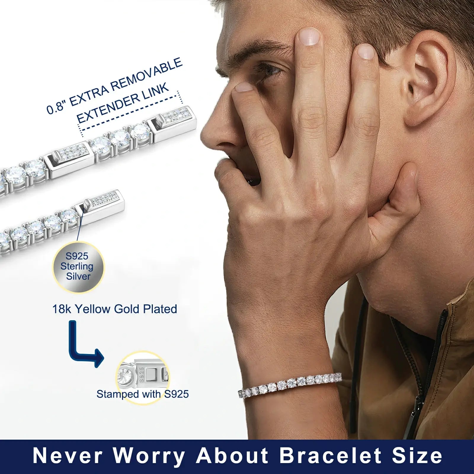 White male model styling 5mm S925 moissanite tennis bracelet - spring buckle clasp shown with casual outfit | Men's luxury jewelry