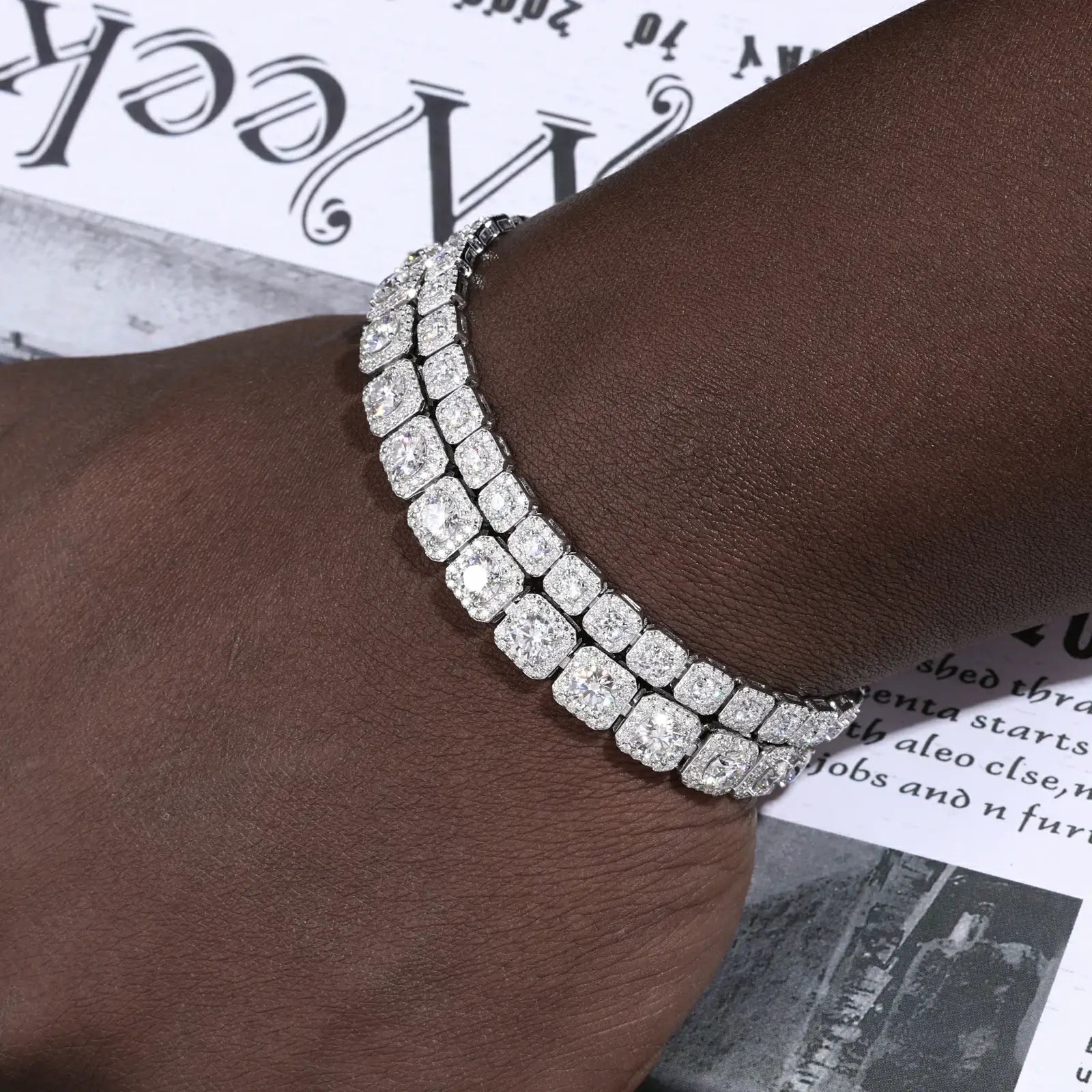 Same model comparing 8mm width tennis bracelet - bolder square halo moissanite design | Hypoallergenic S925