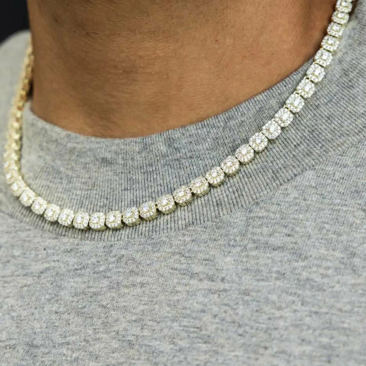 Caucasian model showcasing 6mm white gold tennis chain - square halo moissanite design | Tarnish-proof S925 silver