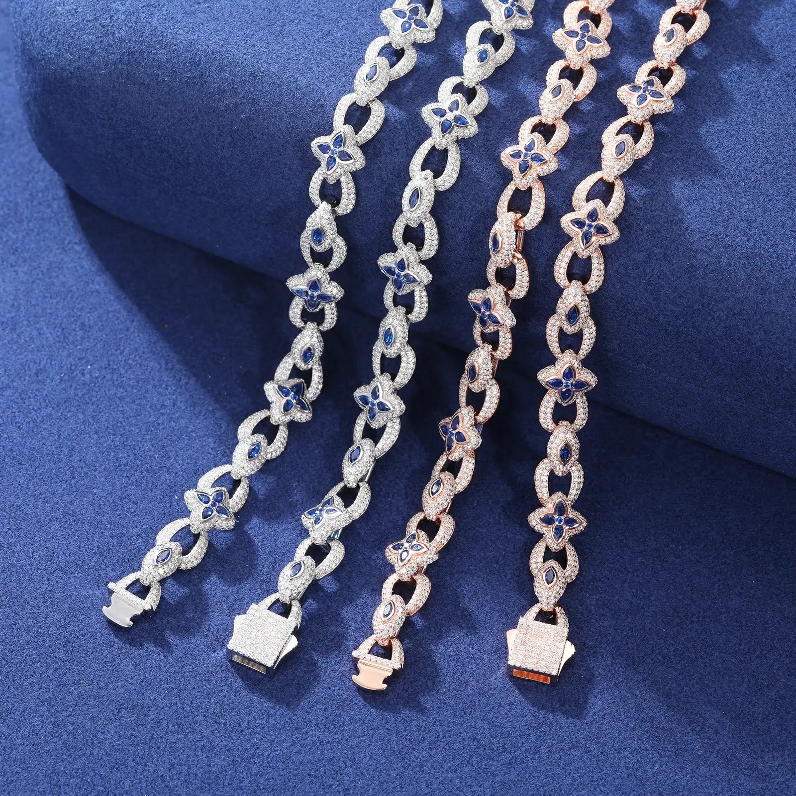 Detailed view: Evil eye and four-leaf clover charms - VVS moissanite stones on S925 links | Precision craftsmanship