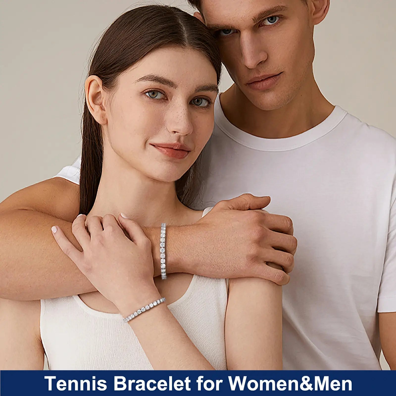Caucasian couple wearing matching S925 tennis bracelets - unisex spring-lock design for him/her luxury jewelry gifting
