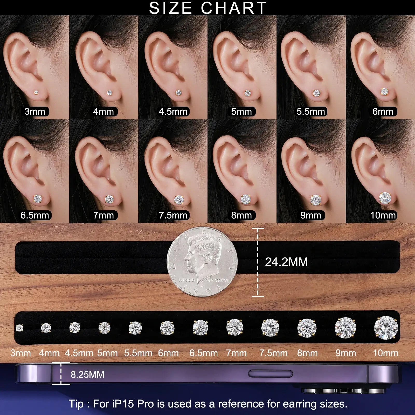 Display of female models wearing moissanite solitaire earrings of each size