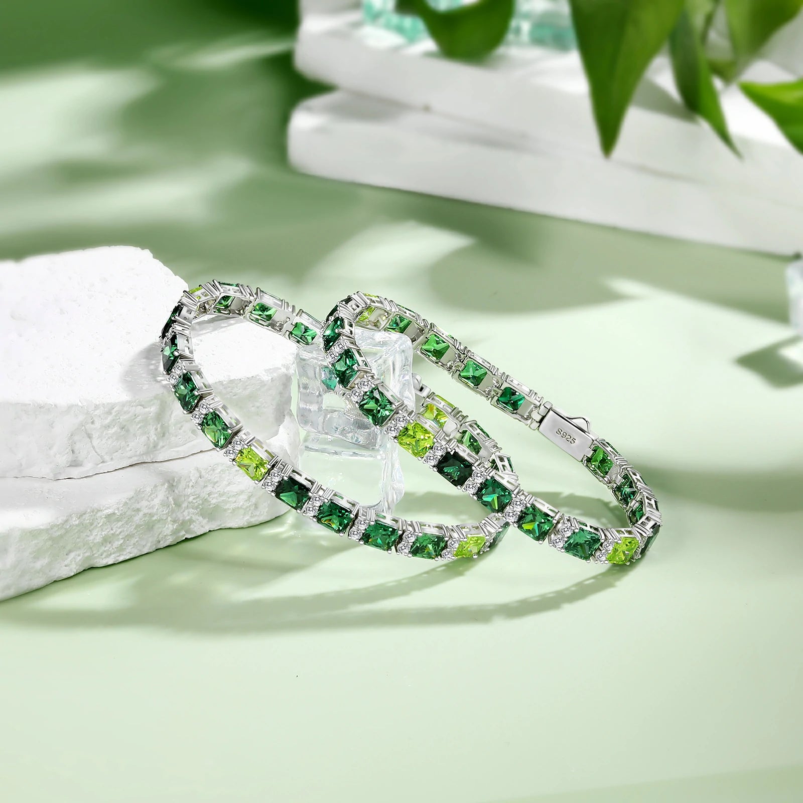 7mm S925 bracelets showcasing emerald-green gradient stones - hallmarked "S925" visible | Waterproof men's luxury accessories