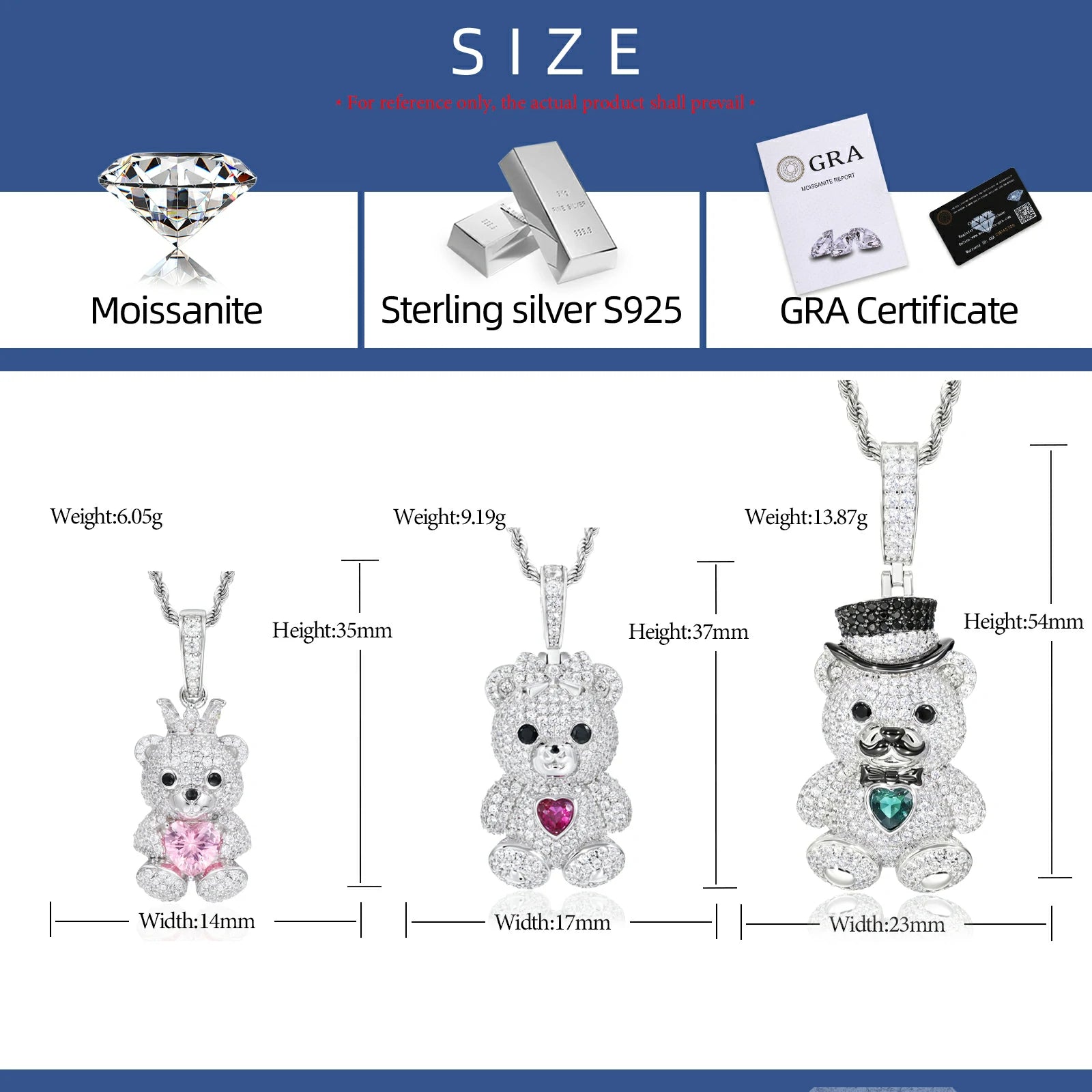 S925 Moissanite Family The Three Lucky Bears Pendant