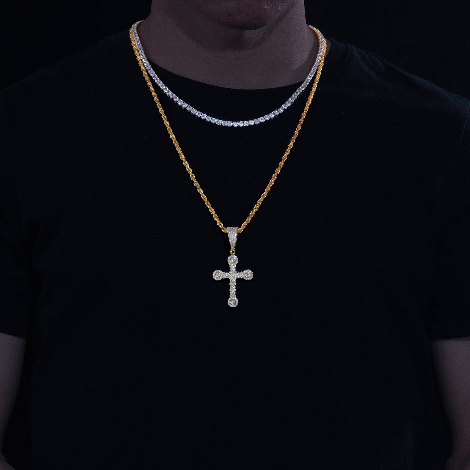 Business professional wearing 18K gold star cross pendant on rope chain - lab-grown moissanite outshining diamonds | Boardroom faith expression