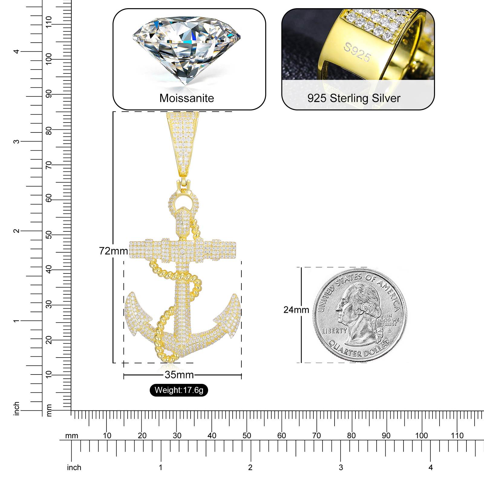 S925 Micro Moissanite Anchor Pendant