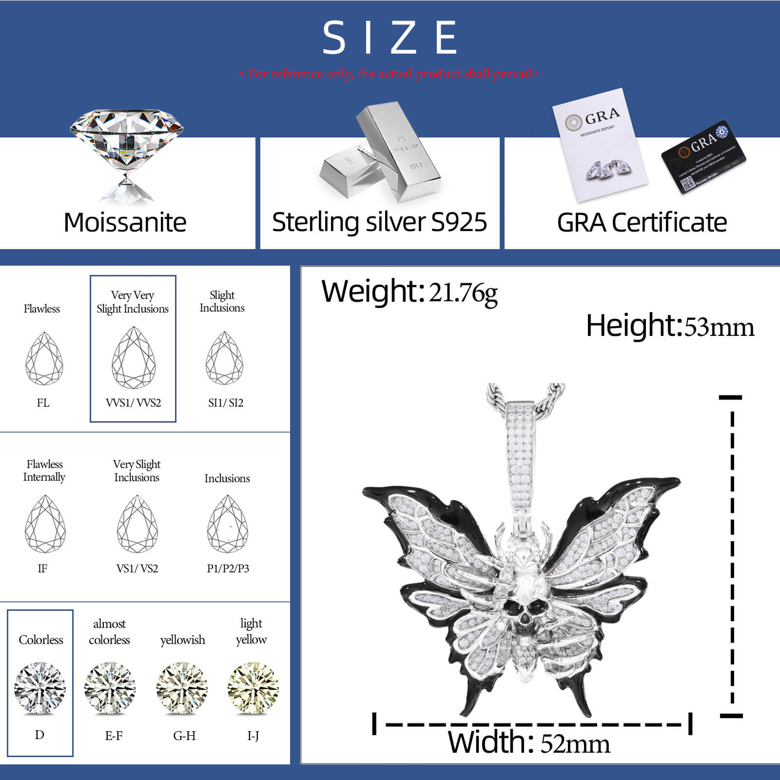 S925 Moissanite Butterfly Skull Pendant