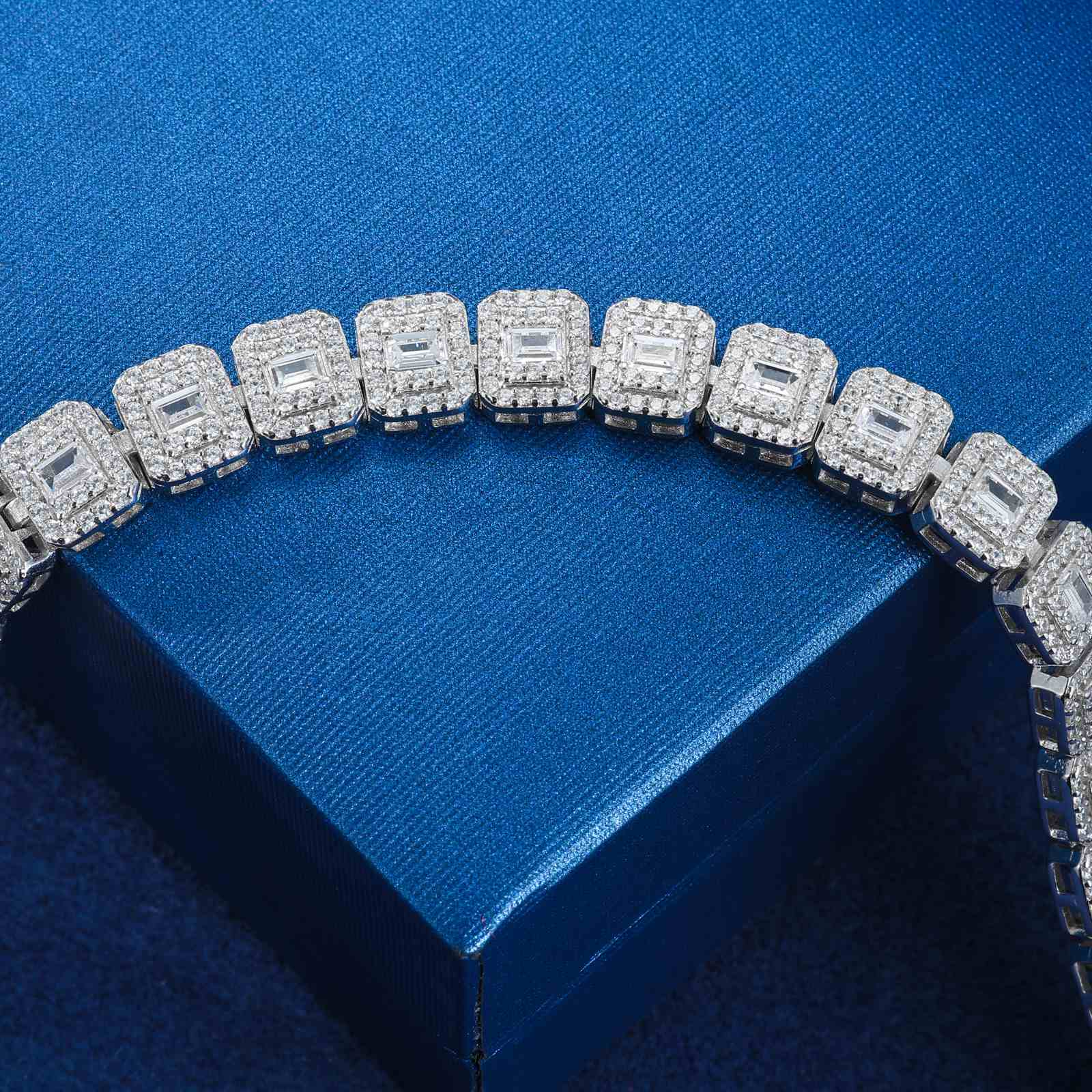 Macro view of bracelet’s 68 hand-set baguette moissanites, each prong-polished for maximum refraction and stage-ready sparkle