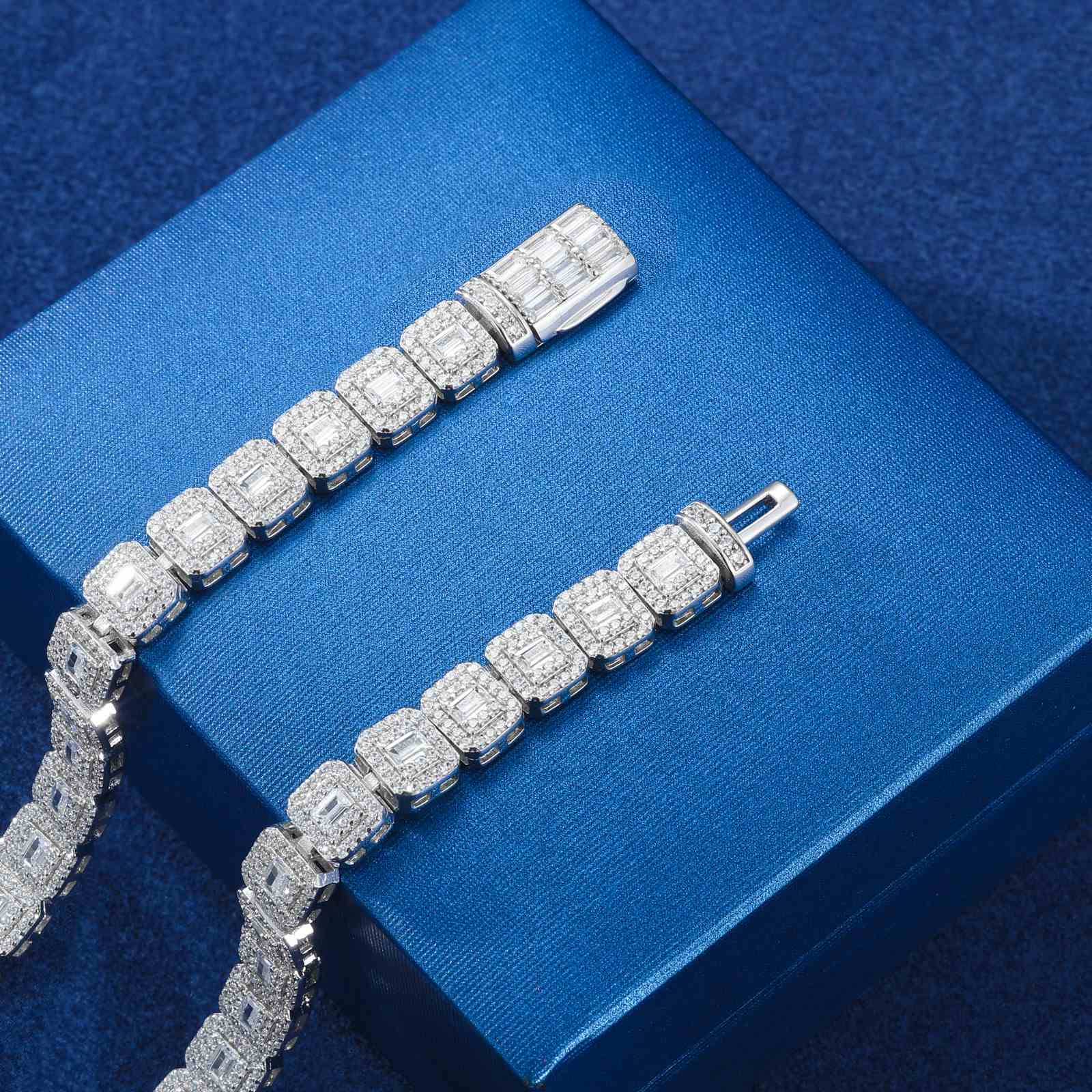 Full-pave box clasp covered in DEF moissanites, engineered for durability without compromising 360° diamond fire