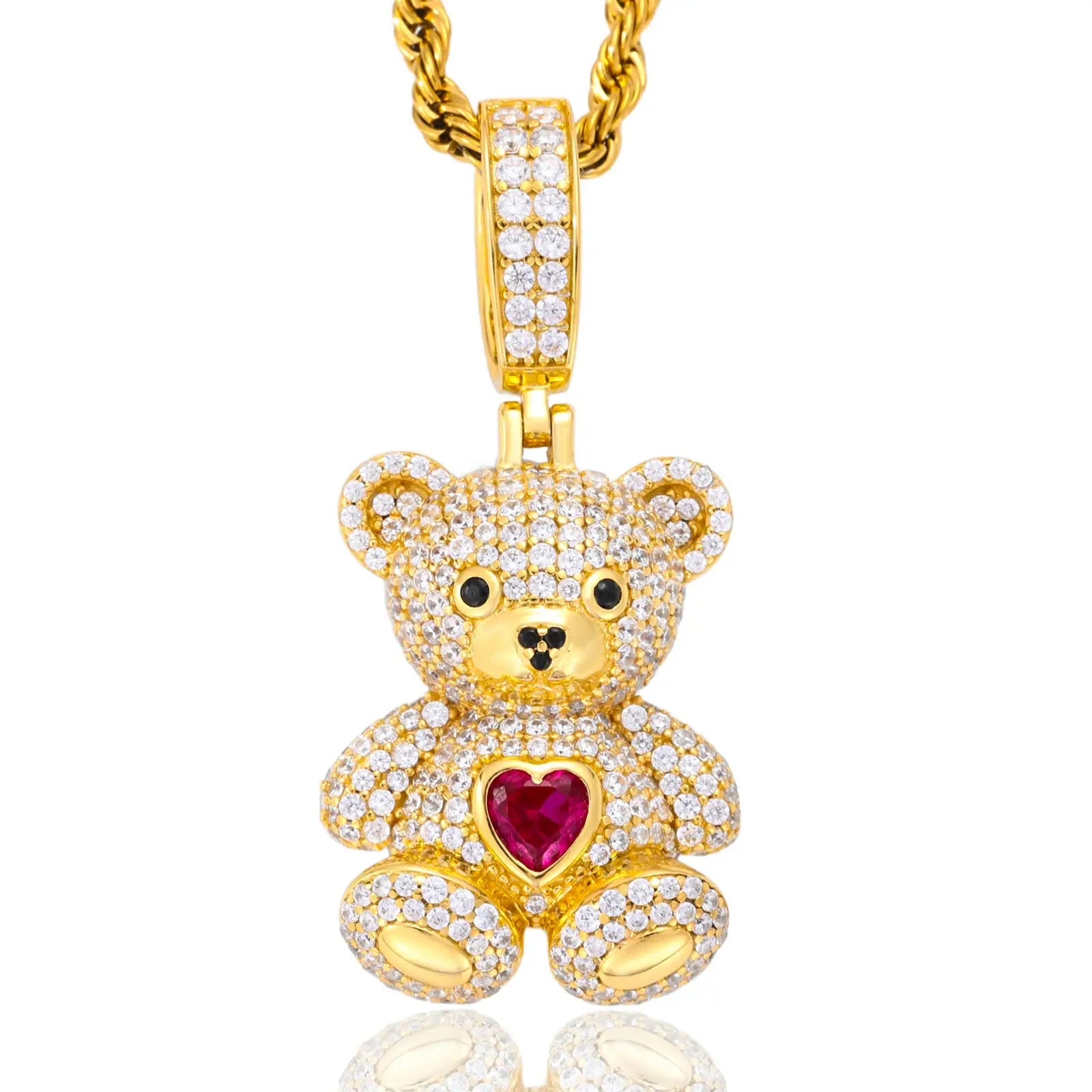 Gold sweetheart bear pendant on white background - luxurious S925 sterling silver with brilliant moissanite pavé setting