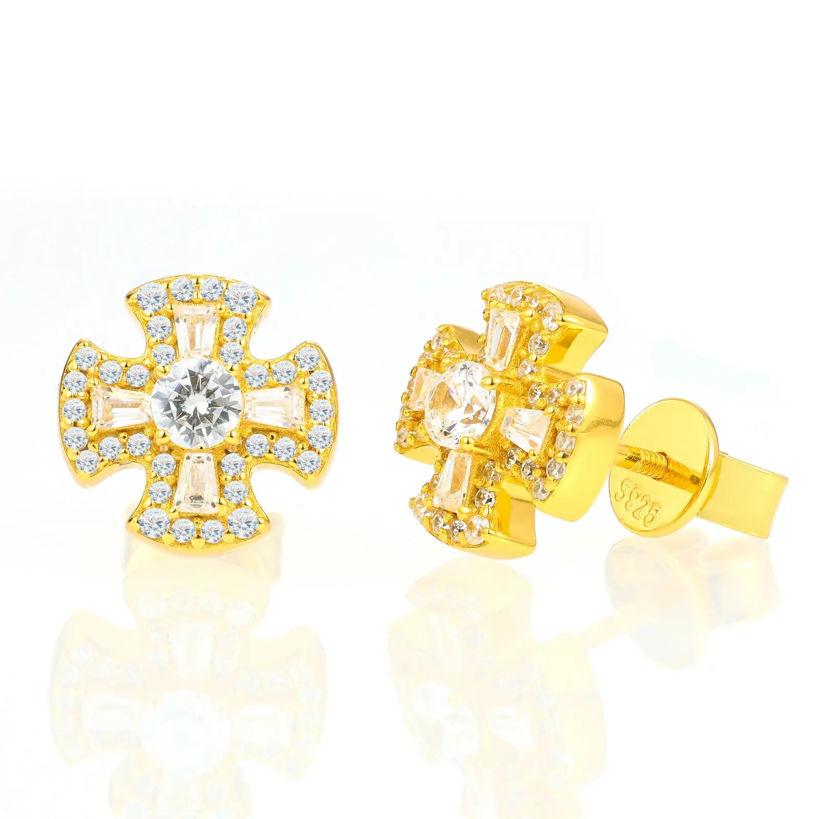Gold Canterbury cross earrings on white background - waterproof 925 sterling silver moissanite earrings with sacred geometry design