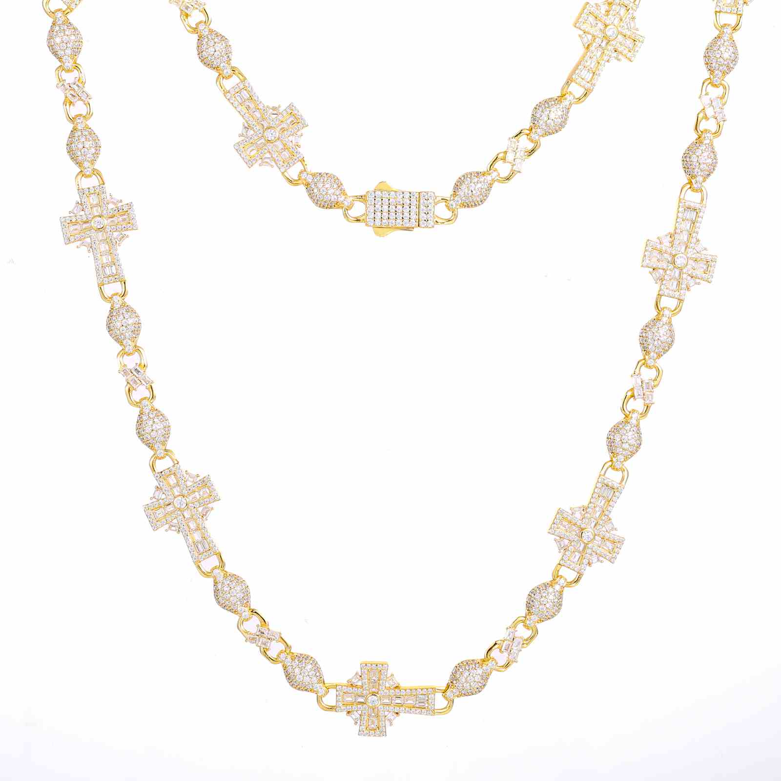 Gold-plated Celtic Cross Chain suspended against white background, ideal for product detail zoom and color accuracy