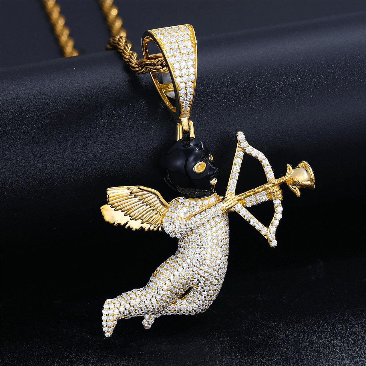 18K gold angel Cupid pendant with black masked arrow on marble - VVS moissanite wings blazing 2.65 RI fire | Mythical romance armor