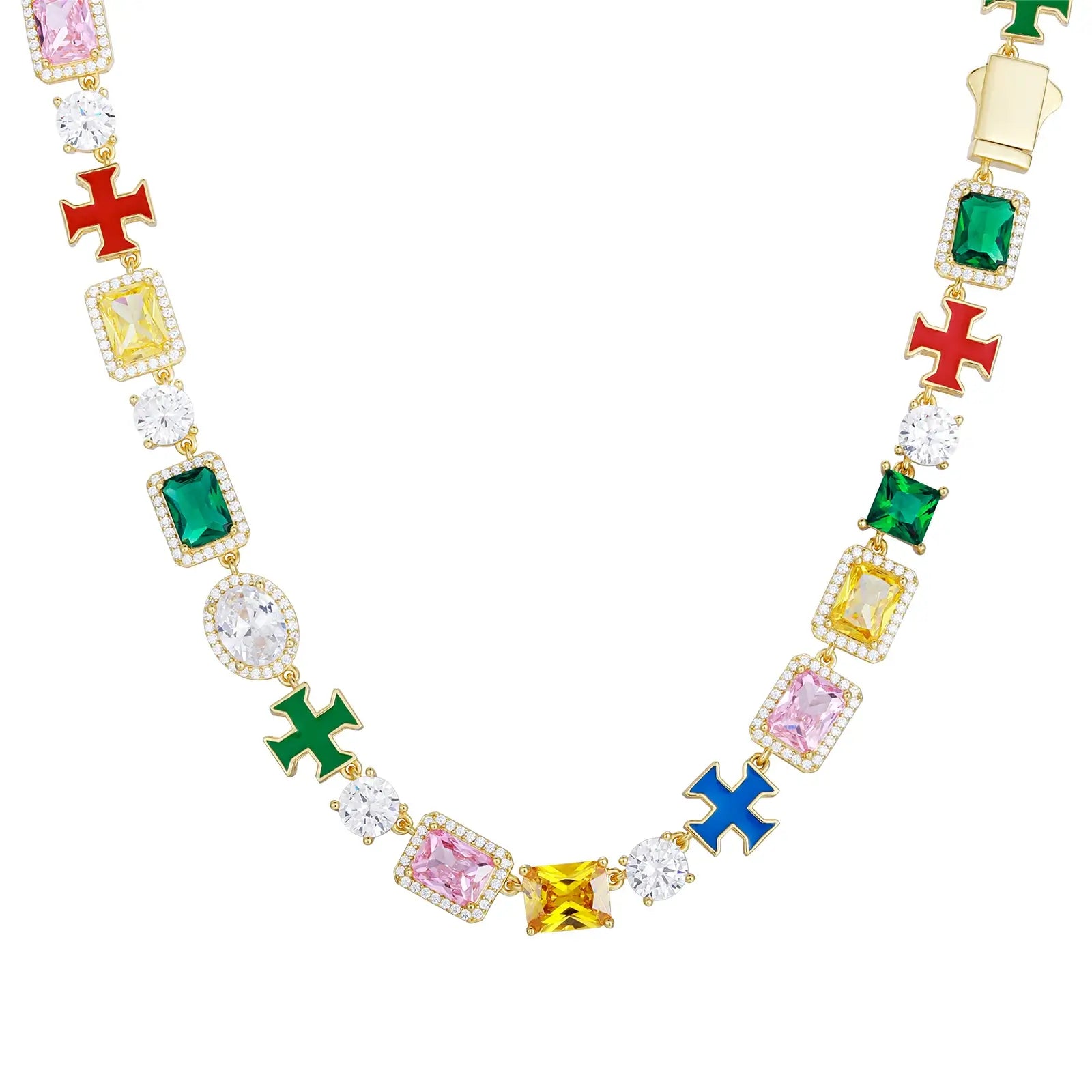 Gold tone tennis chain on white background - colorful enamel crosses and gemstone accents | Hypoallergenic statement necklace