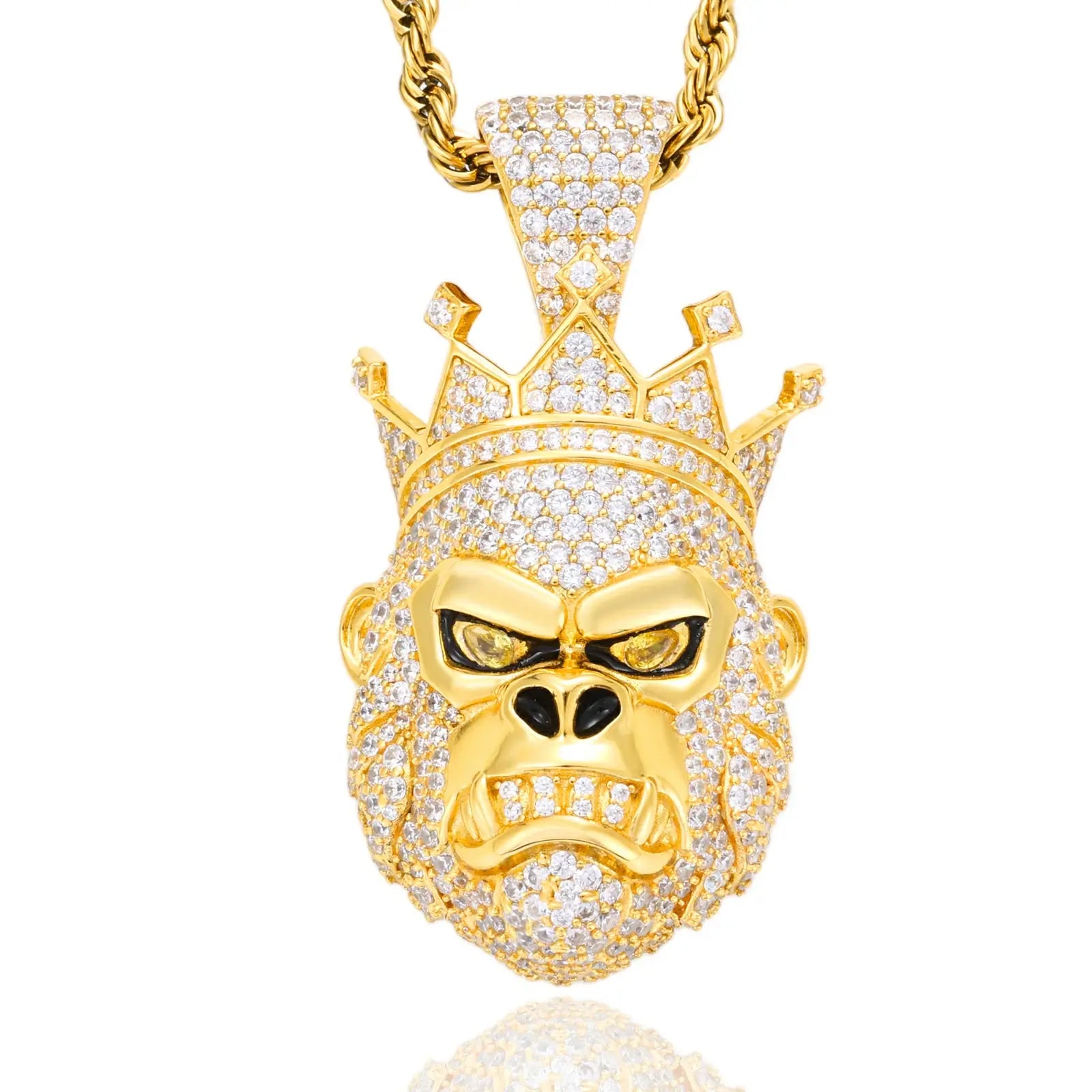 Gold gorilla king pendant on white background - premium 925 sterling silver with luxurious moissanite pave animal jewelry