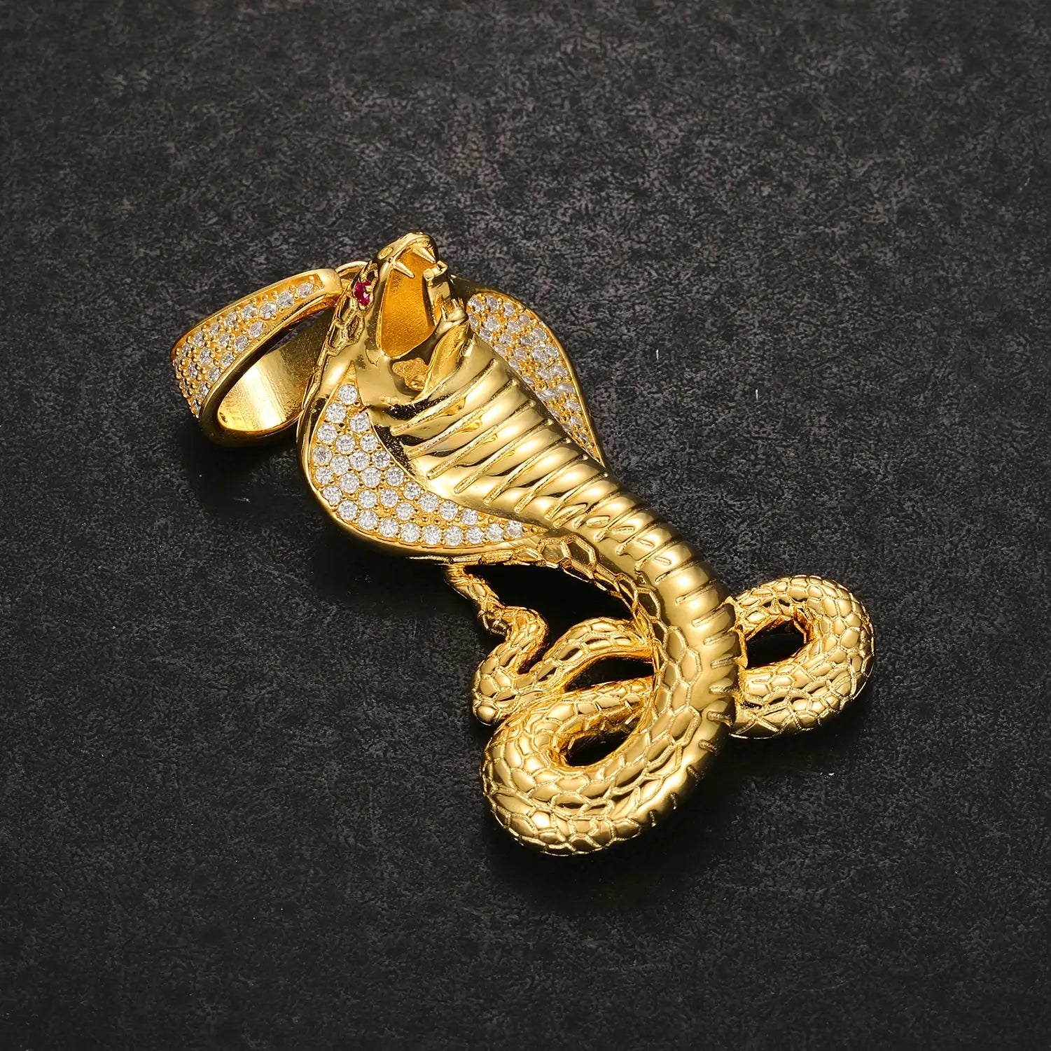 Profile view: 14K gold cobra pendant on black - dimensional hood scales with citrine fangs | Tarnish-proof construction