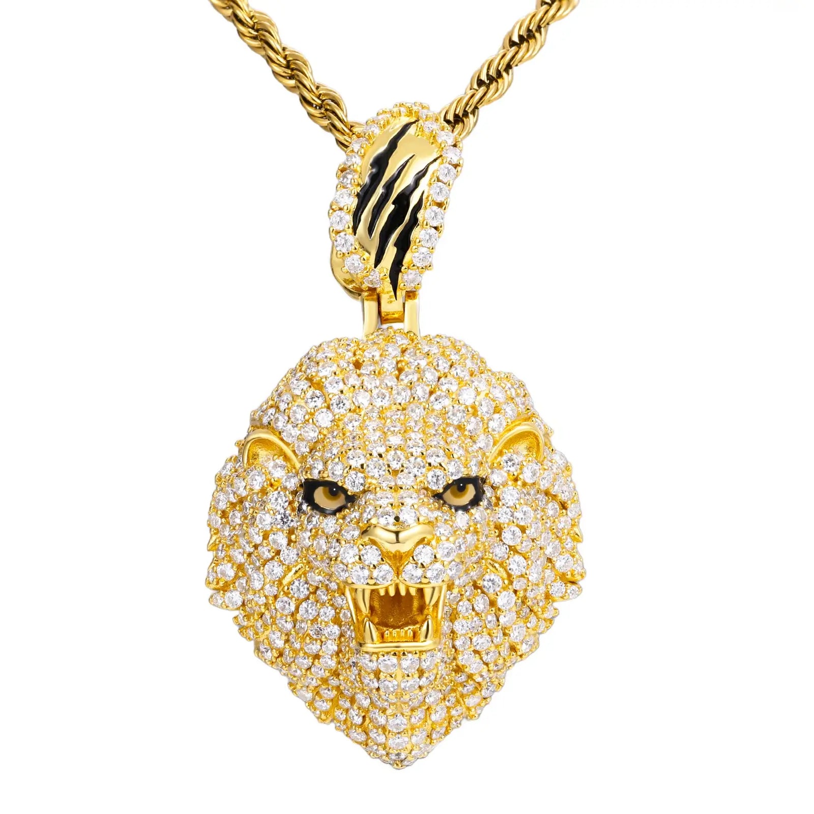 Gold lion head pendant on white background - premium 925 sterling silver with luxurious micro pave moissanite setting