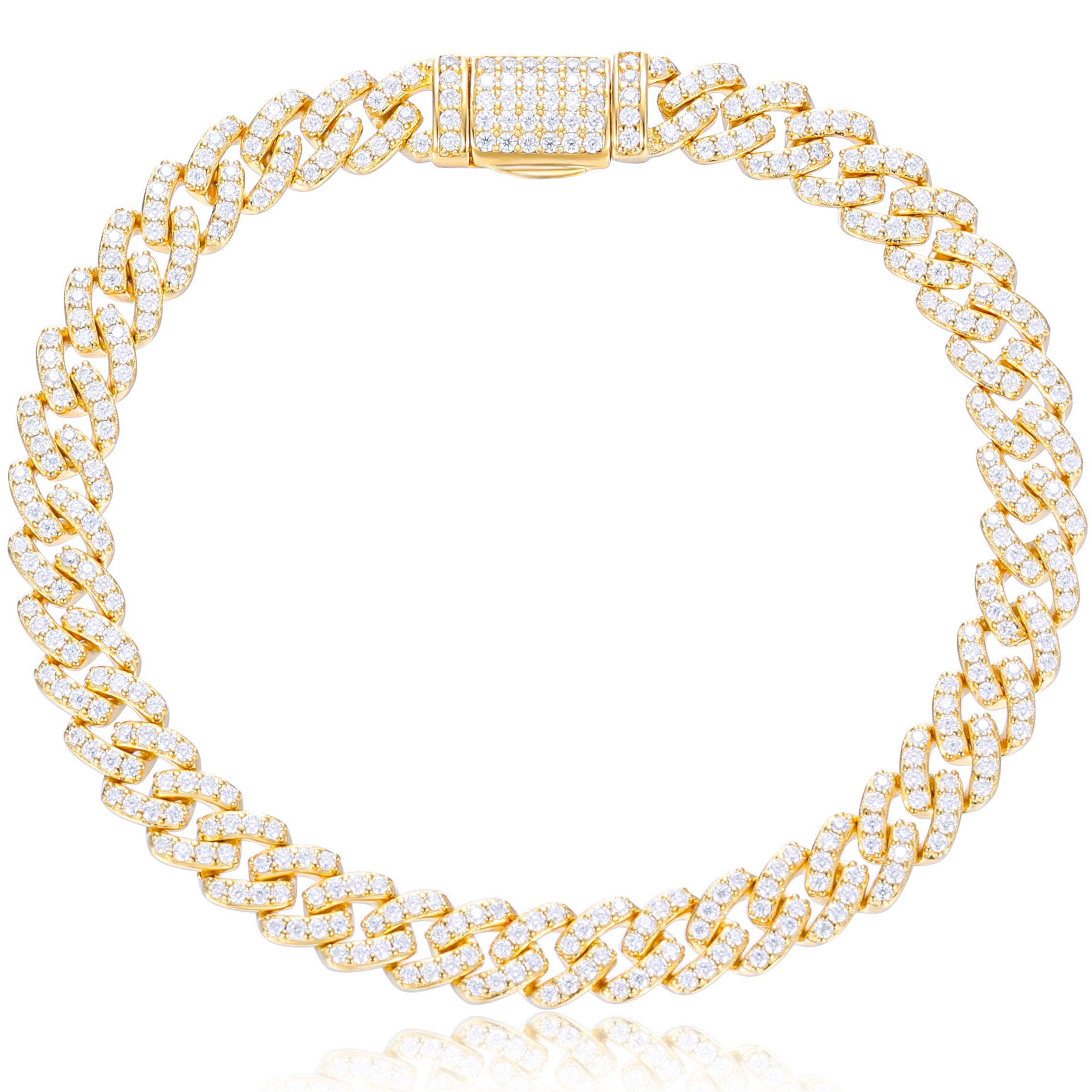 24K gold-plated 6mm Moissanite Cuban bracelet isolated: Scratch-proof ice box clasp, hip-hop culture staple. Comes with anti-tarnish pouch and cigar cutter gift.