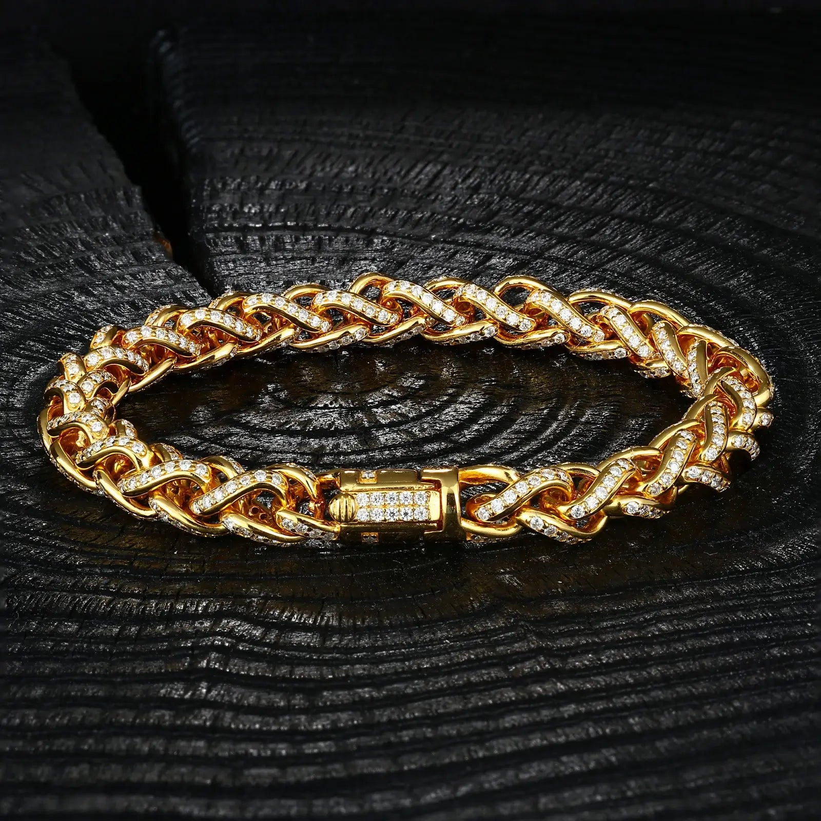 7mm gold twisted bracelet on black satin - moissanite-encrusted helix links | S925 silver core with 18K gold plating