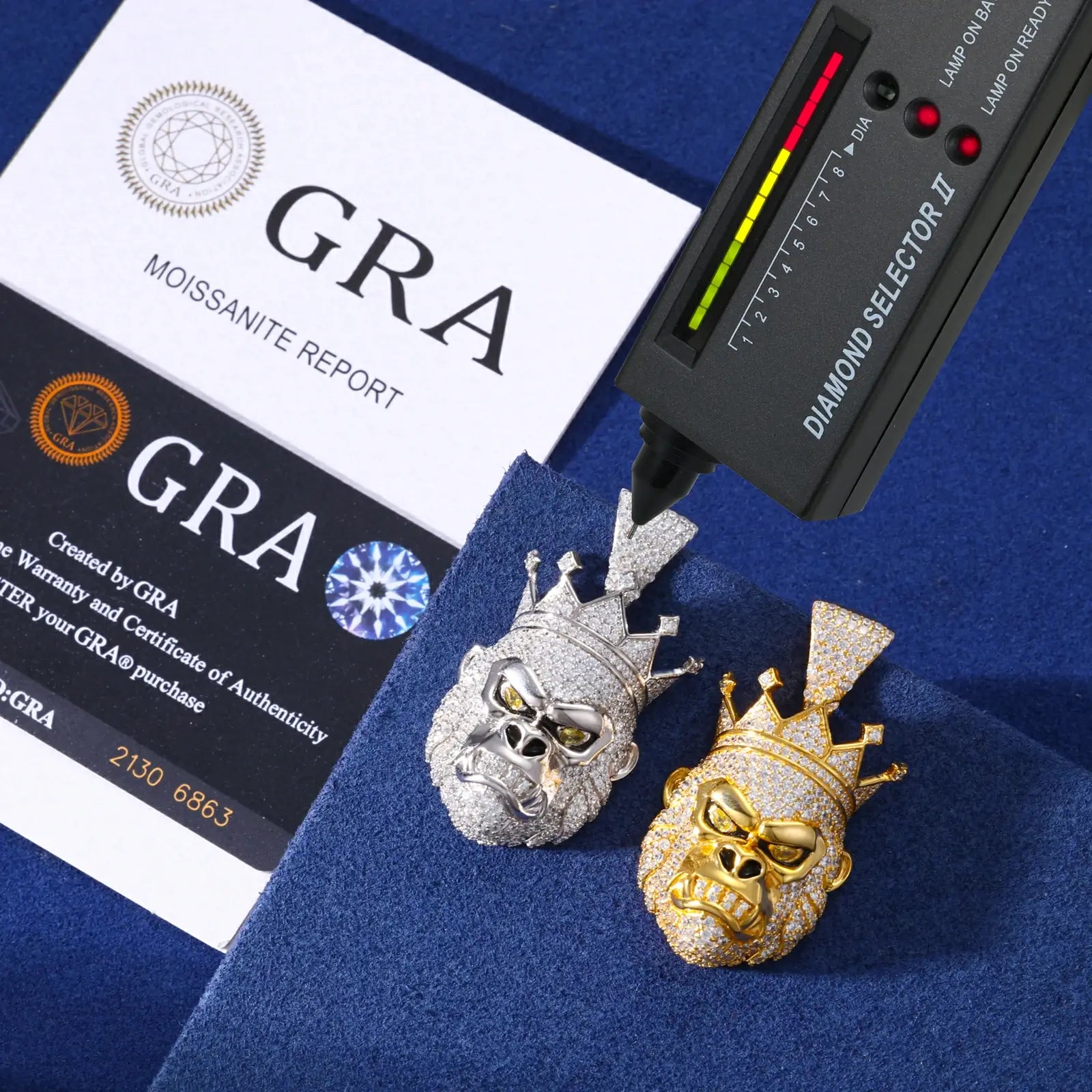 Diamond tester verification with GRA certificate for gorilla king pendant - authentic moissanite quality and brilliance certification