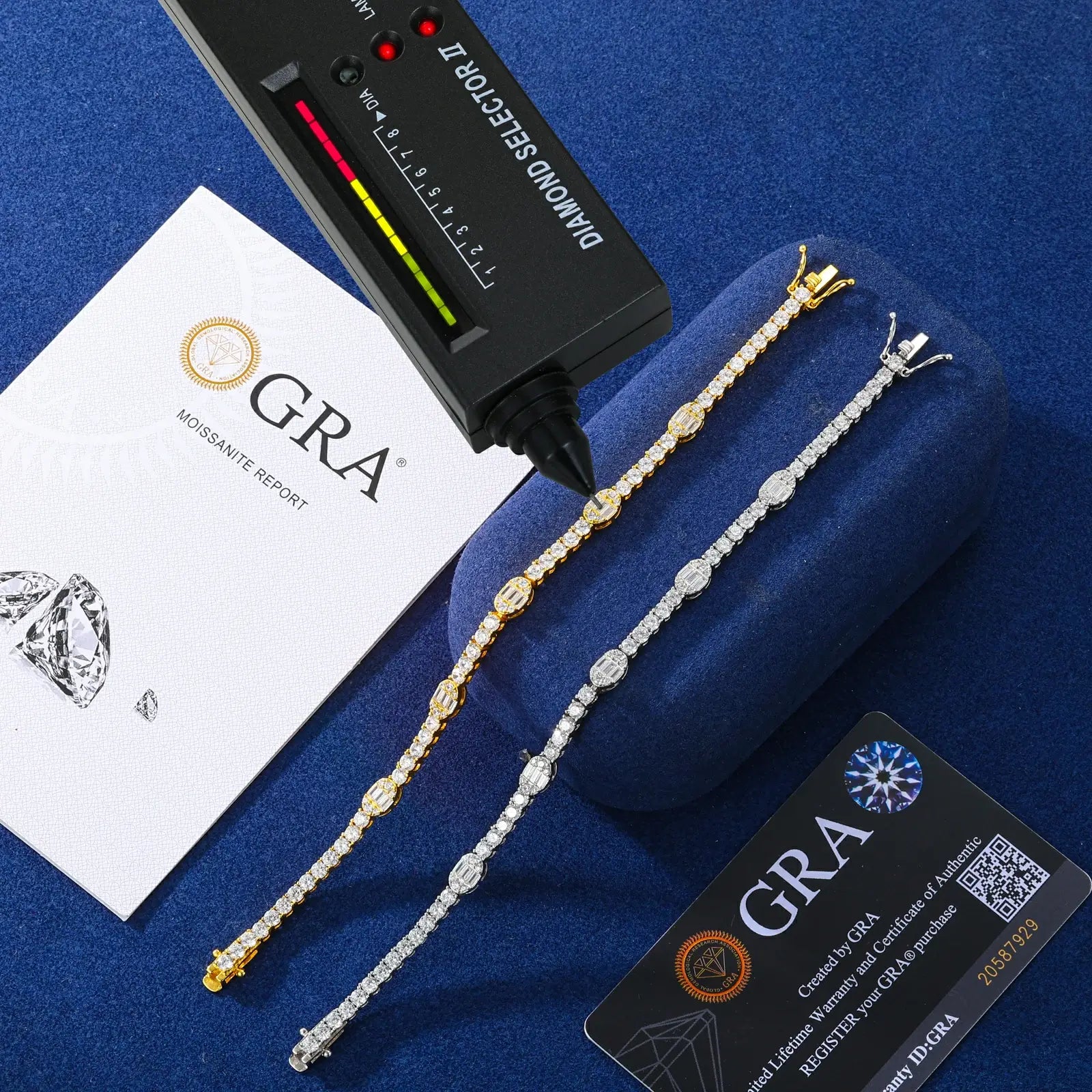 GRA certificate with diamond tester: 5.5mm pills bracelet moissanite RI 2.65 > diamond 2.42 - scientific proof video still