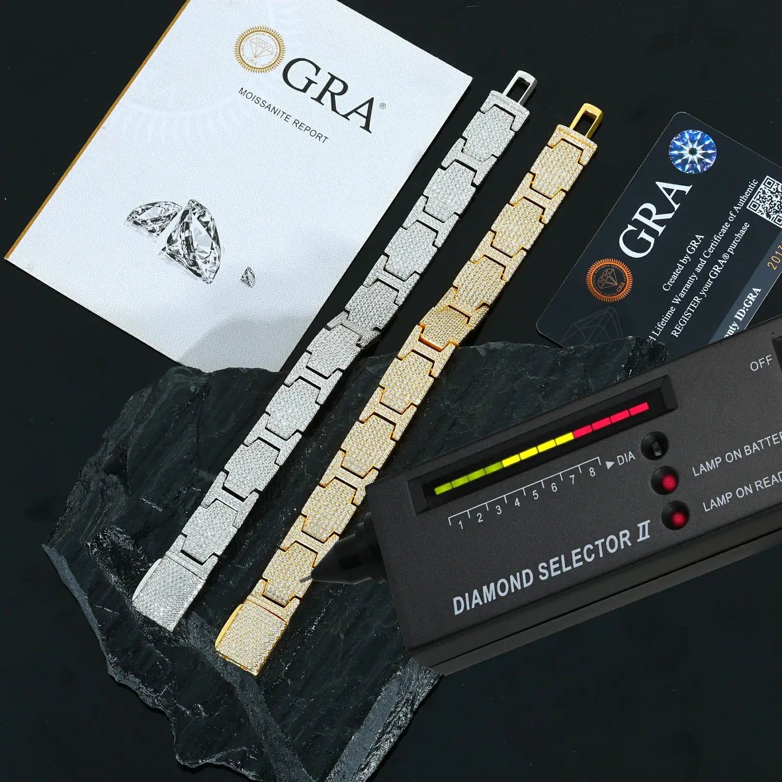 GRA certificate and diamond tester showing moissanite RI 2.65 > diamond 2.42 for 14mm bracelet - scientific authentication report