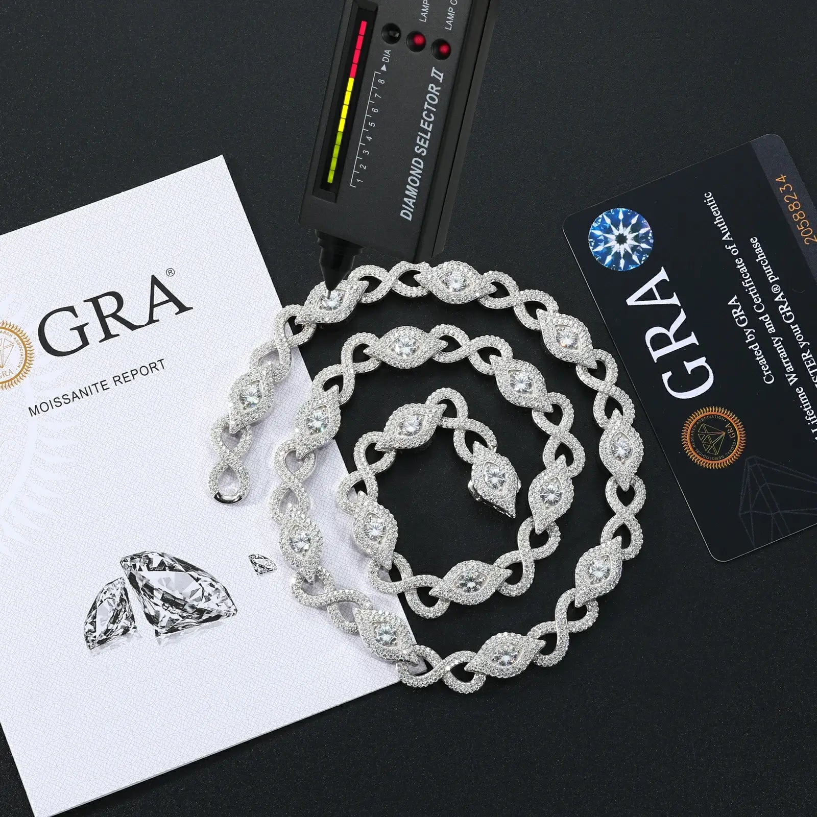 GRA certificate with scientific refraction report: 2.65 RI moissanite on white gold Evil Eye chain vs diamond 2.42 control sample