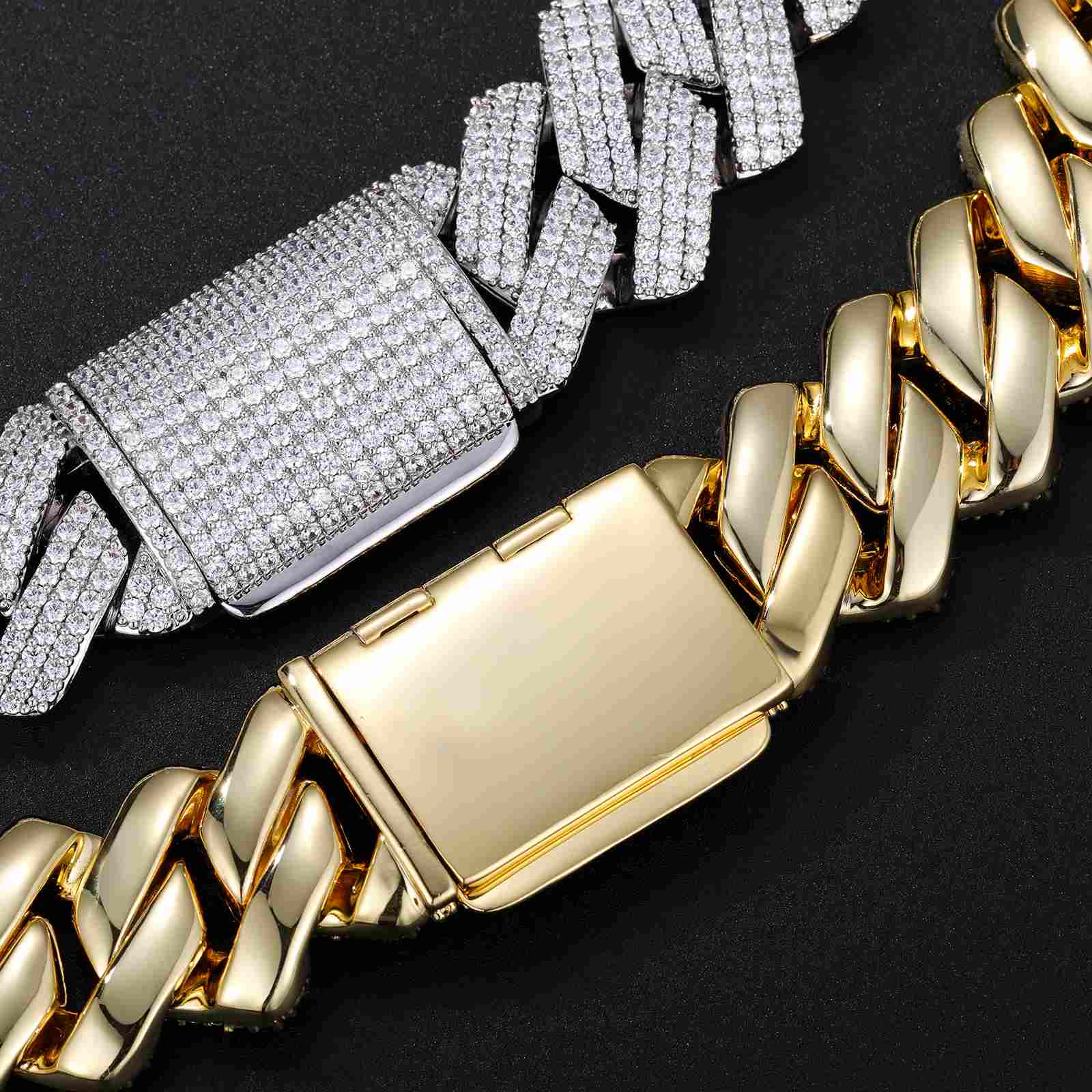 Gold 25mm Cuban Link Chain suspended on jewelry stand, emphasizing chunky 3-row CZ diamonds and luxury display for hip hop jewelry collections