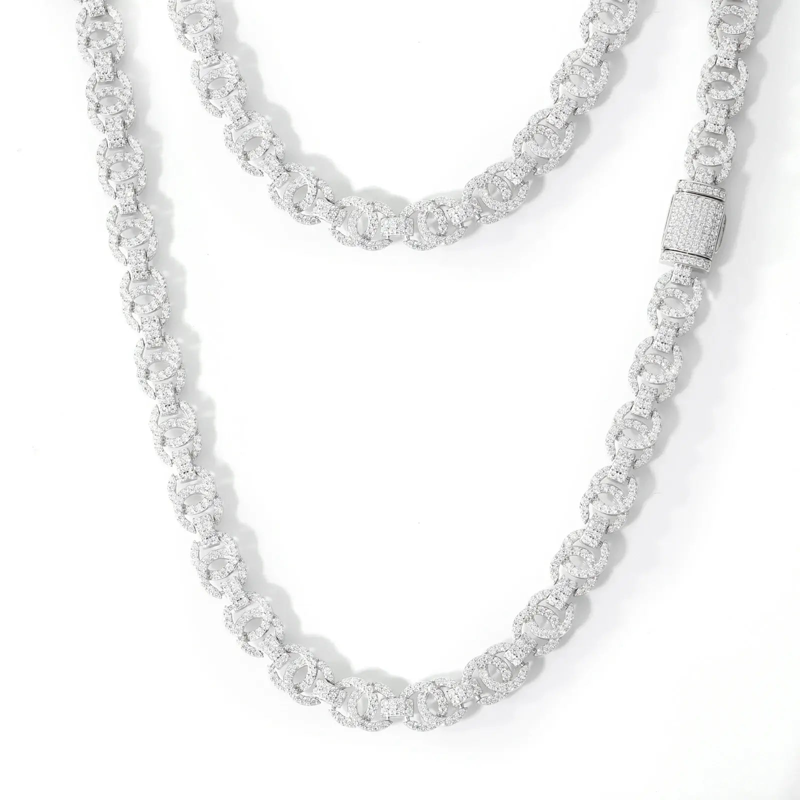 Professional product shot: 10mm white gold plated Chanel link chain - tarnish-proof rhodium plating over hypoallergenic S925 silver