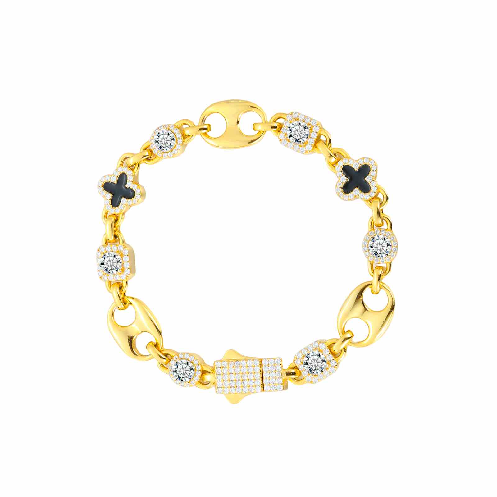 Gold clover bracelet against white background, emphasizing enamel precision and moissanite prong settings for online shoppers