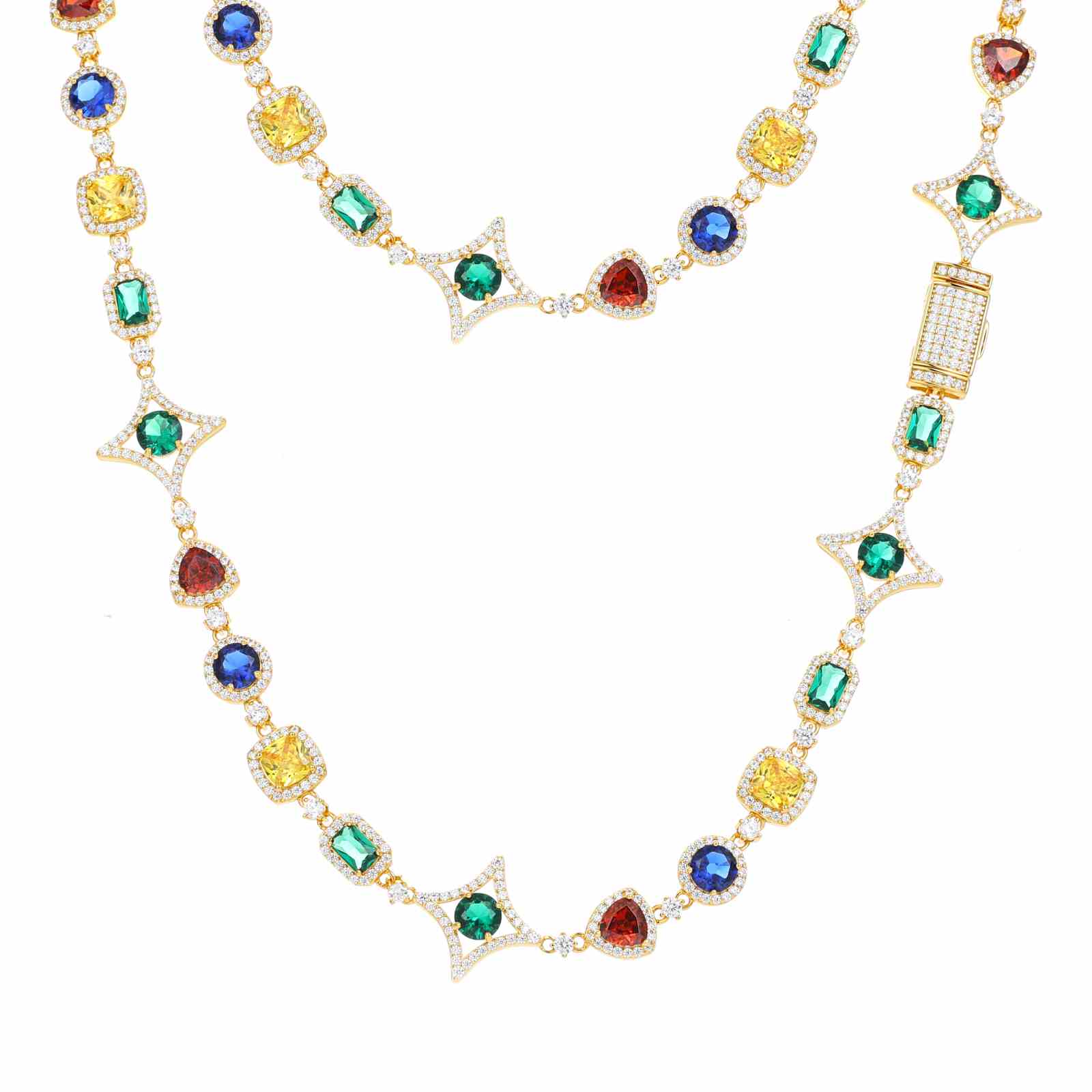 Gold-plated Colored Star Halo Chain against white background, emphasizing precision setting for moissanite and zirconia gemstones