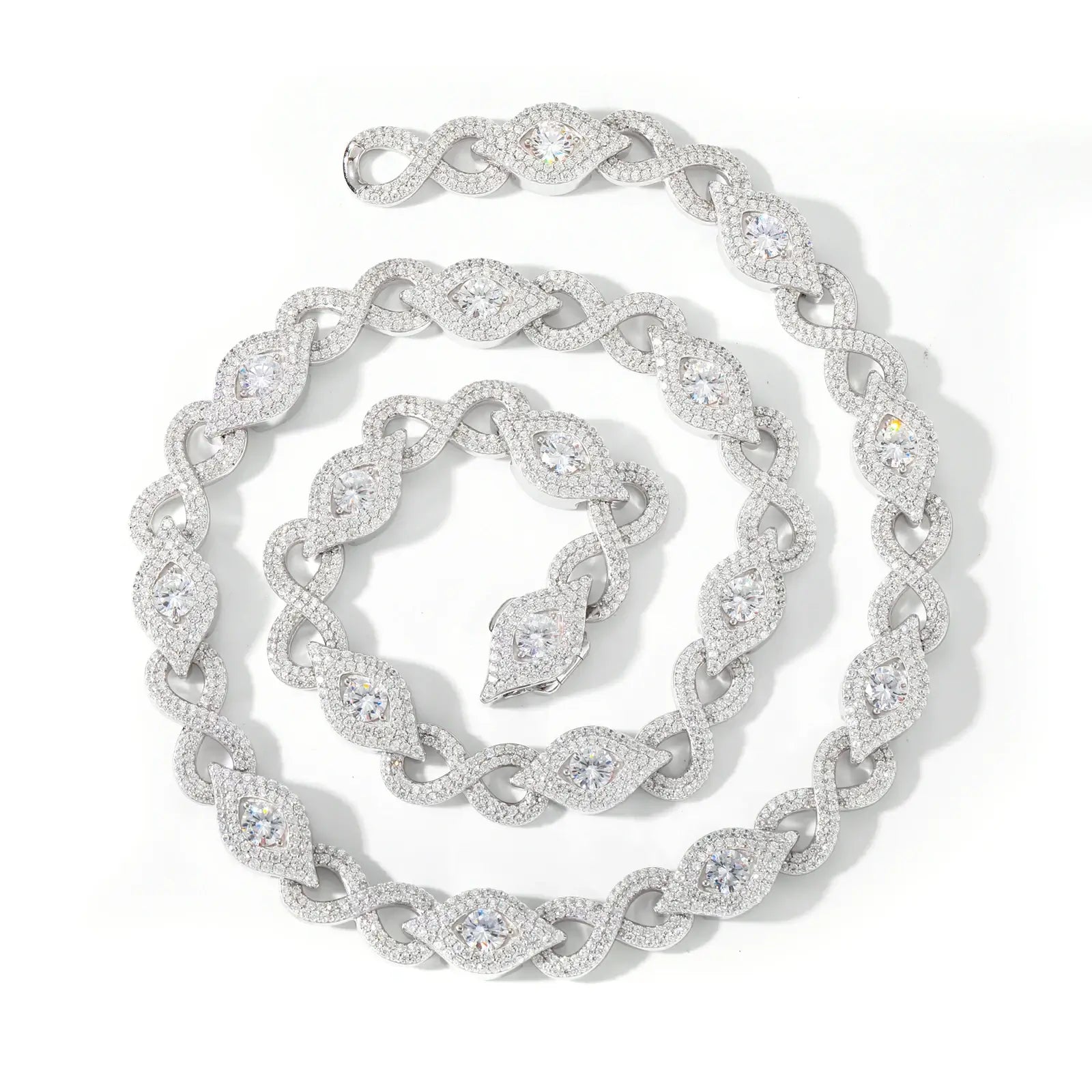 Studio shot: 10mm white gold Evil Eye chain under 75° light - highlighting rhodium plating durability and moissanite rainbow dispersion