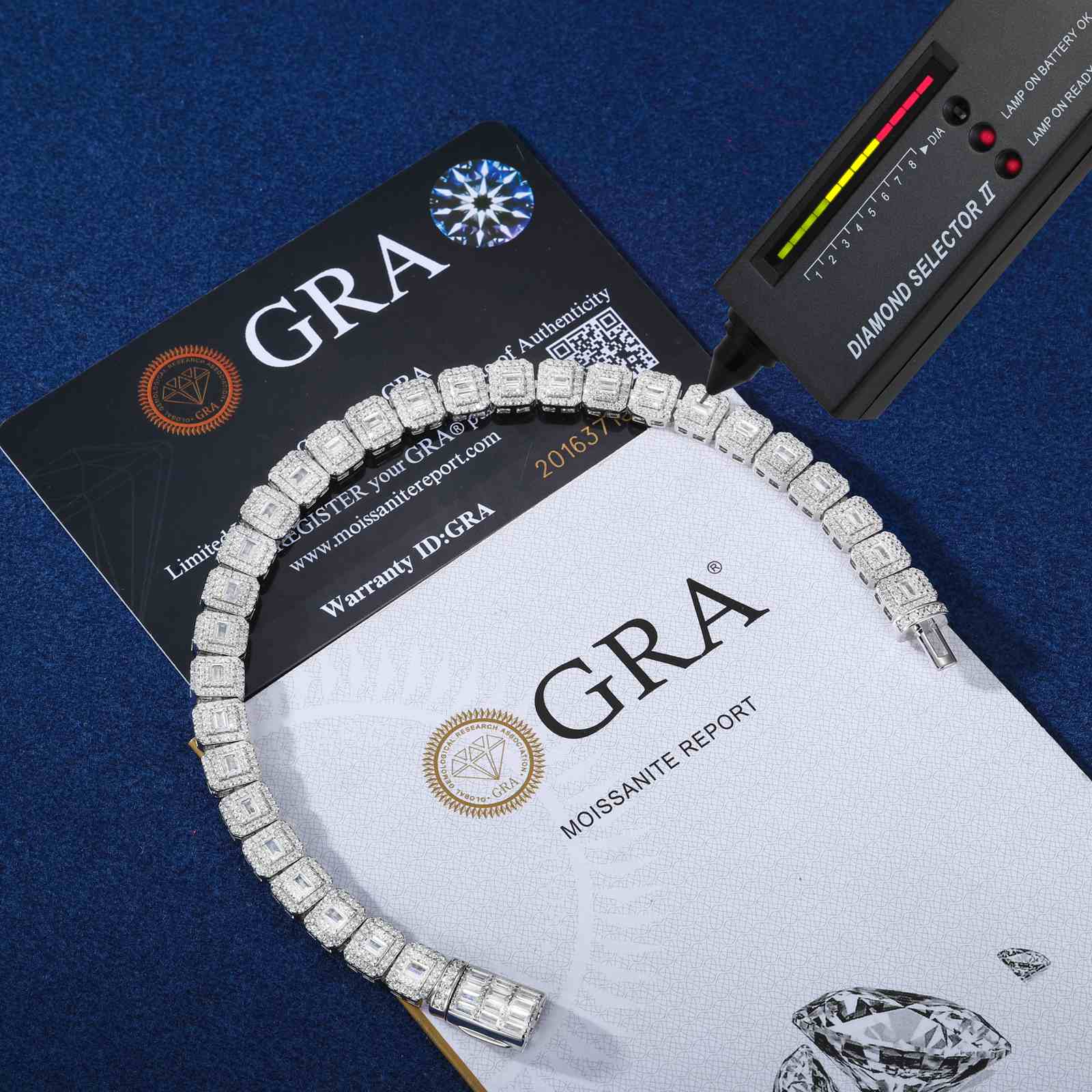 White gold bracelet under gemological UV light beside GRA certificate, proving 2.1x higher brilliance than natural diamonds.