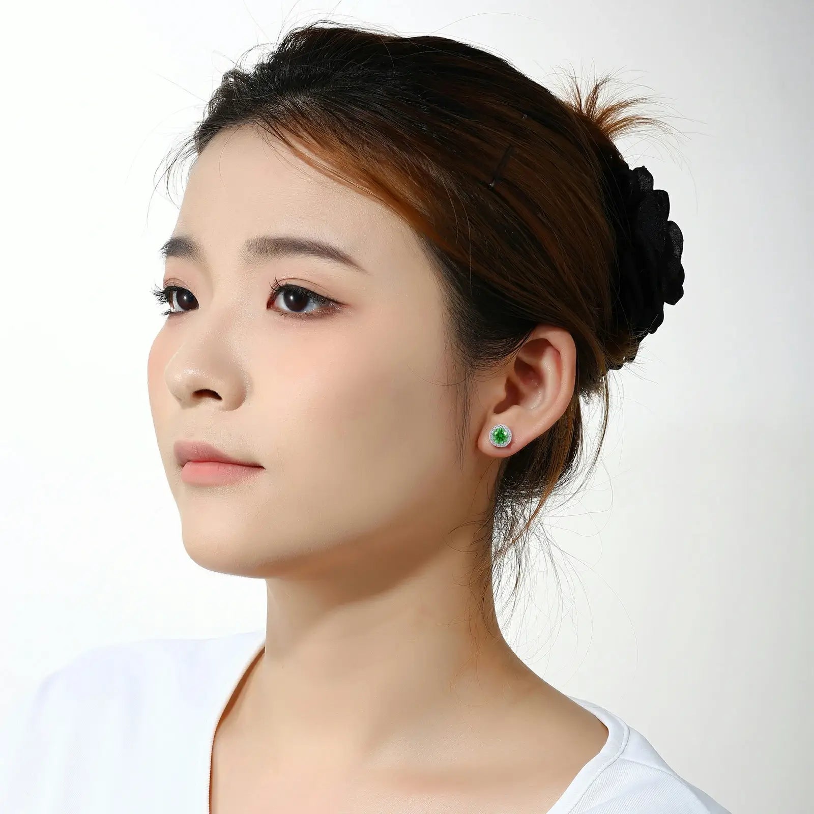 Designer green gemstone earrings styling with evening dress - S925 screw back halo studs as statement jewelry for special events