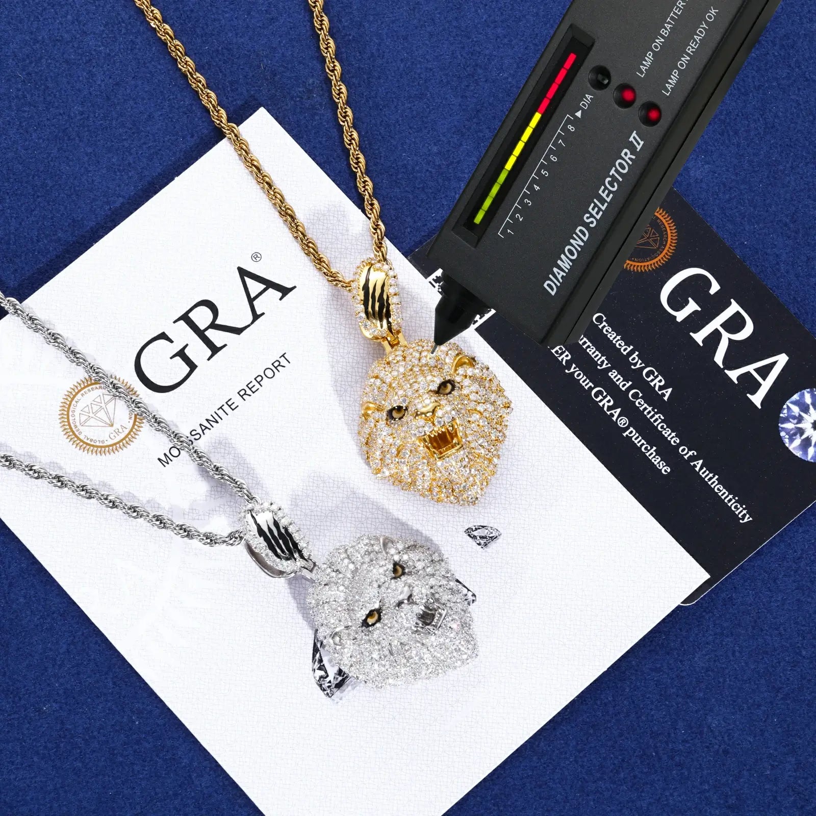 Diamond tester verification with GRA certificate for lion head pendant - authentic moissanite quality and authenticity confirmation