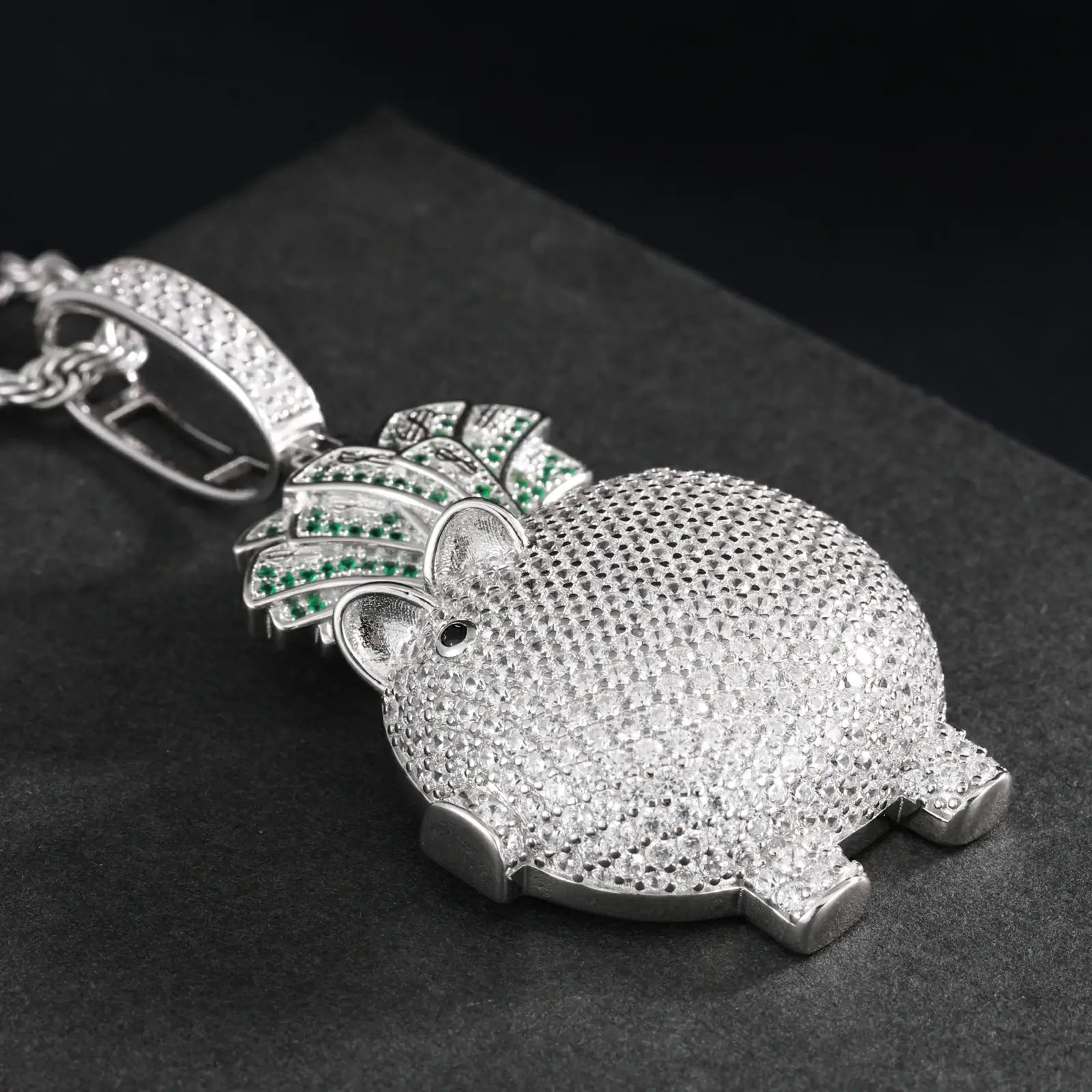 Close-up profile: Textured S925 piggy pendant - coin slot back with moissanite accents | Salt-resistant craftsmanship