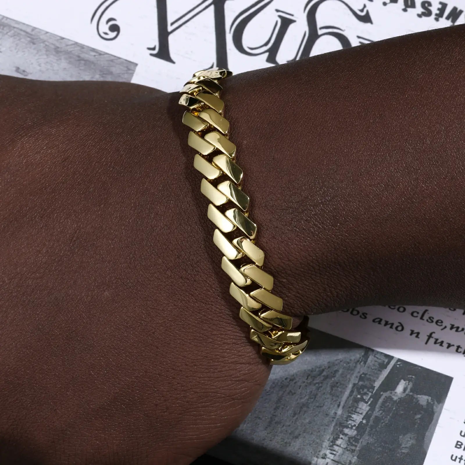 Caucasian man styling 14K gold Monaco Cuban bracelet - 12mm solid links with EDGE lock | Premium men's jewelry statement