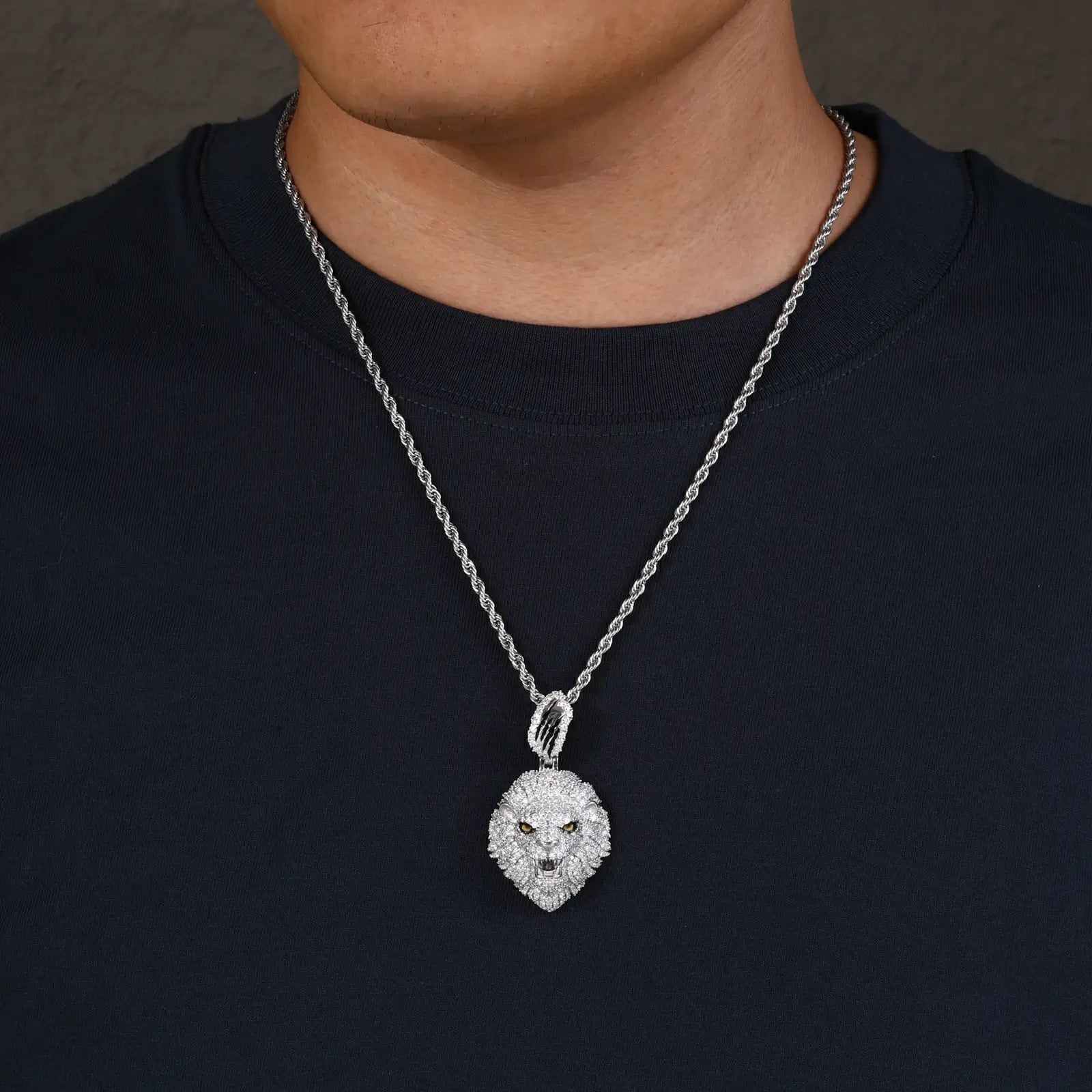 model wearing white gold lion head pendant on rope chain - S925 sterling silver moissanite jewelry showcasing urban luxury style