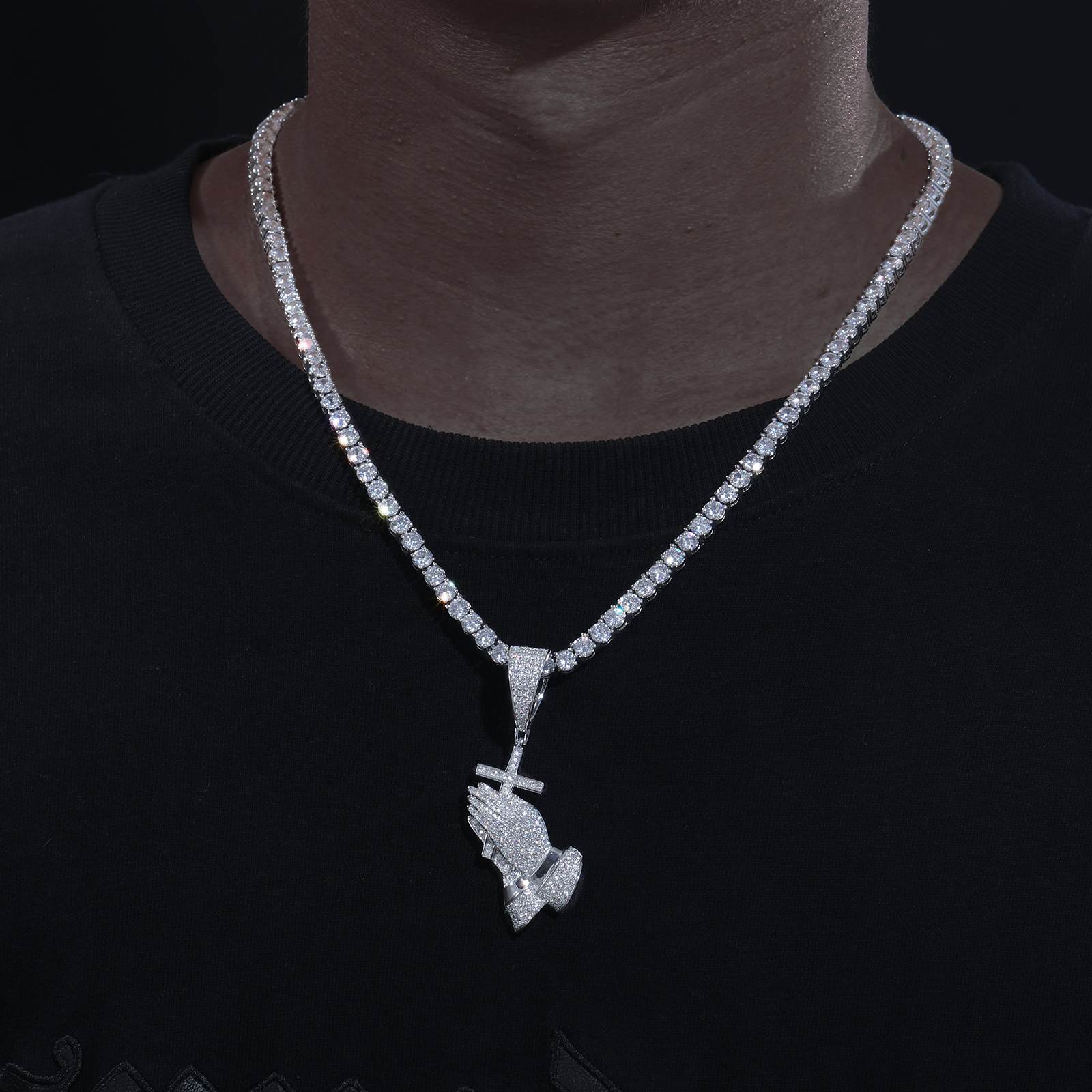 Executive styling S925 pray hand pendant on diamond tennis chain - lab-grown moissanite fire outshining diamonds | Boardroom sanctity statement