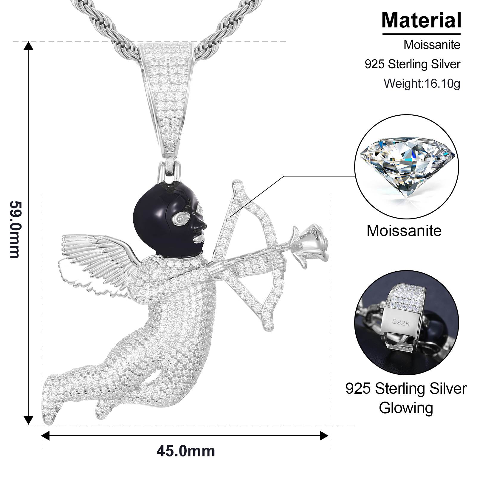 Precision dimensions: 38x25mm pendant ±0.05mm vs US quarter | Weight distribution infographic with arrow clasp detail